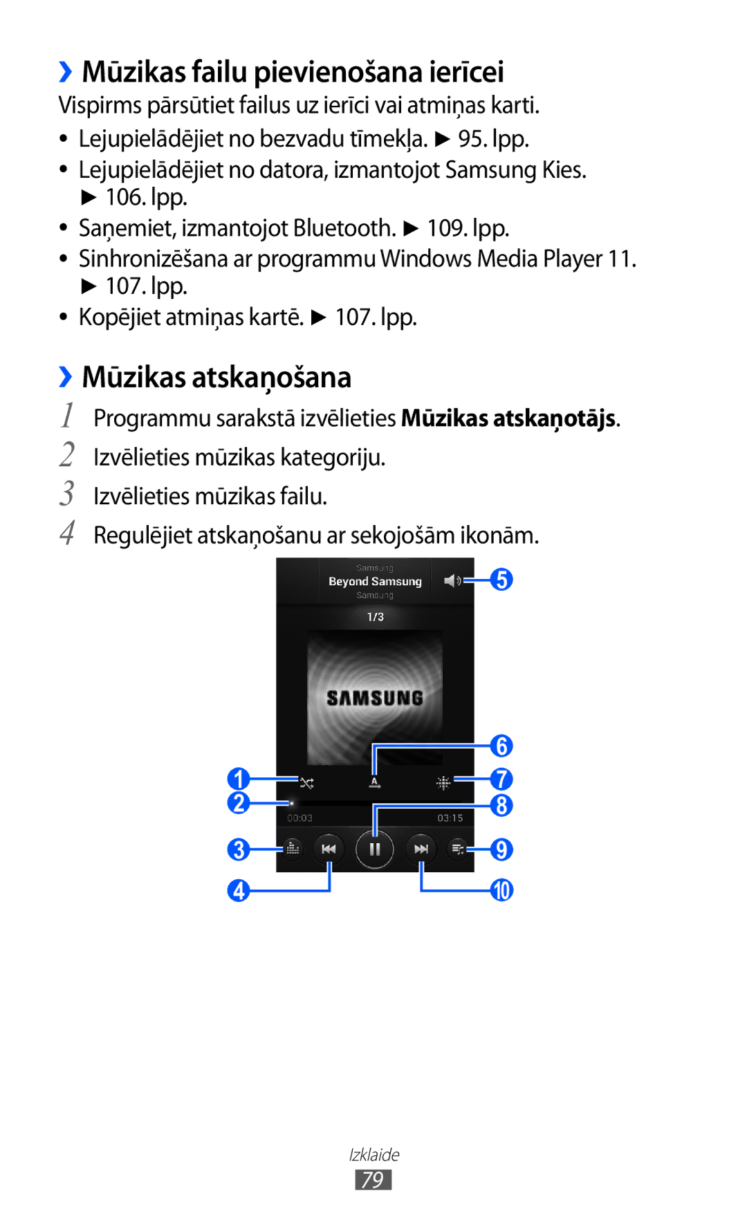 Samsung GT-I9100OIASEB, GT-I9100RWASEB, GT-I9100LKASEB manual ››Mūzikas failu pievienošana ierīcei, ››Mūzikas atskaņošana 