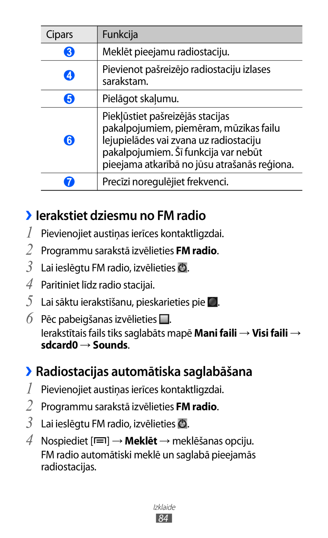 Samsung GT-I9100RWASEB manual ››Ierakstiet dziesmu no FM radio, ››Radiostacijas automātiska saglabāšana, Sdcard0 →Sounds 