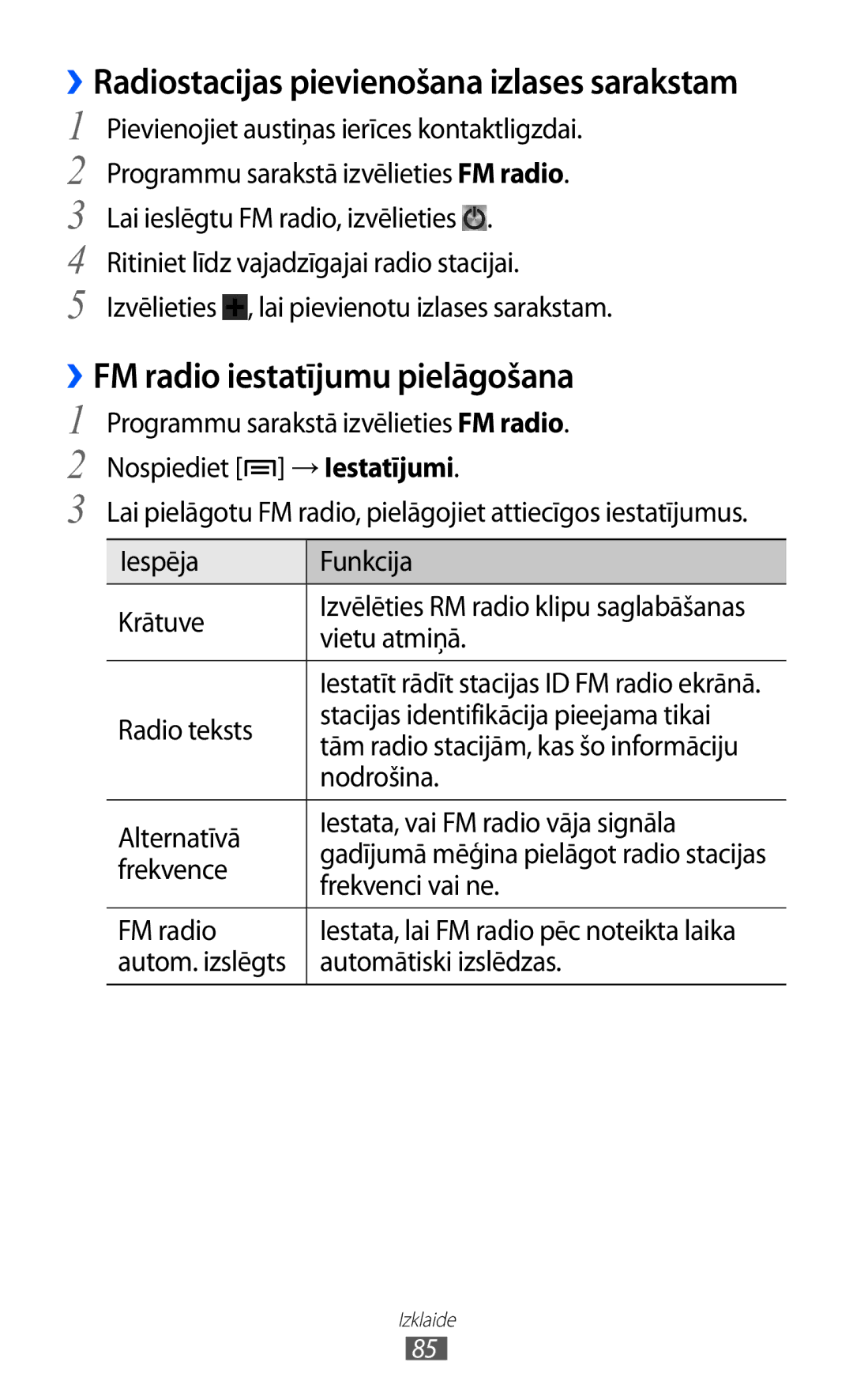 Samsung GT-I9100OIASEB, GT-I9100RWASEB, GT-I9100LKASEB manual ››FM radio iestatījumu pielāgošana 