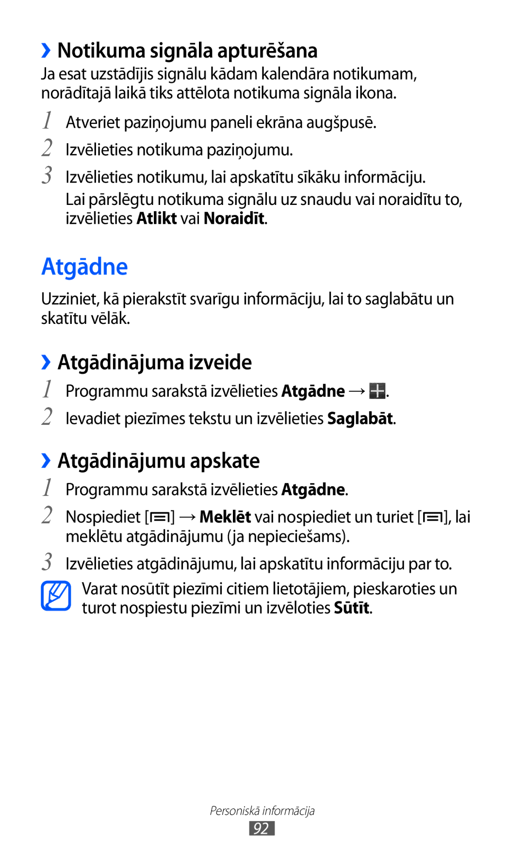 Samsung GT-I9100LKASEB manual Atgādne, ››Notikuma signāla apturēšana, ››Atgādinājuma izveide, ››Atgādinājumu apskate 