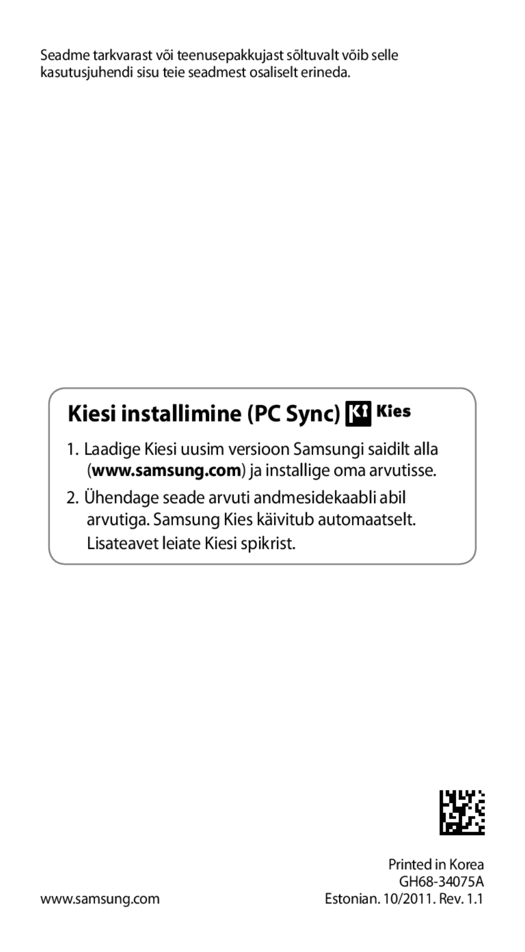 Samsung GT-I9100LKASEB, GT-I9100RWASEB, GT-I9100OIASEB manual Kiesi installimine PC Sync 