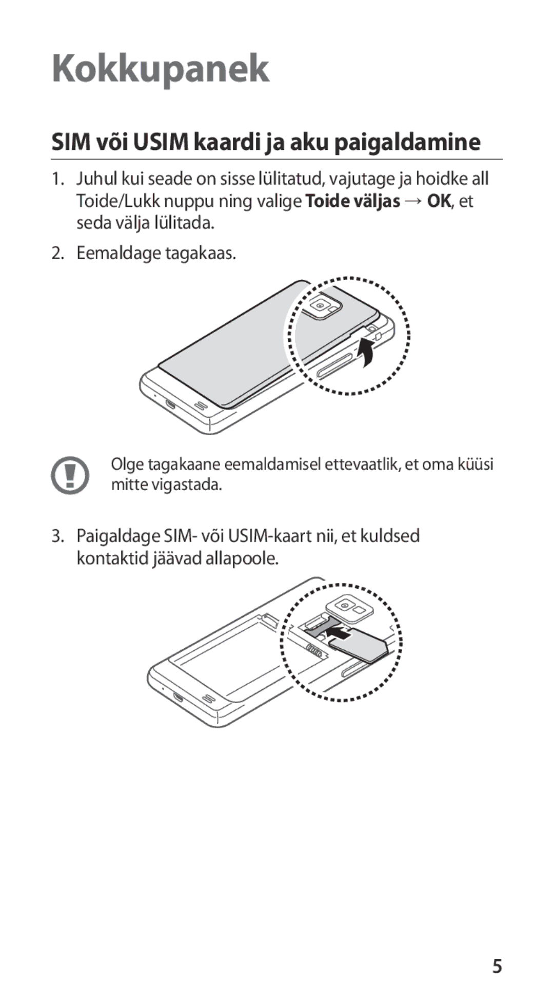 Samsung GT-I9100LKASEB, GT-I9100RWASEB, GT-I9100OIASEB manual Kokkupanek, SIM või Usim kaardi ja aku paigaldamine 