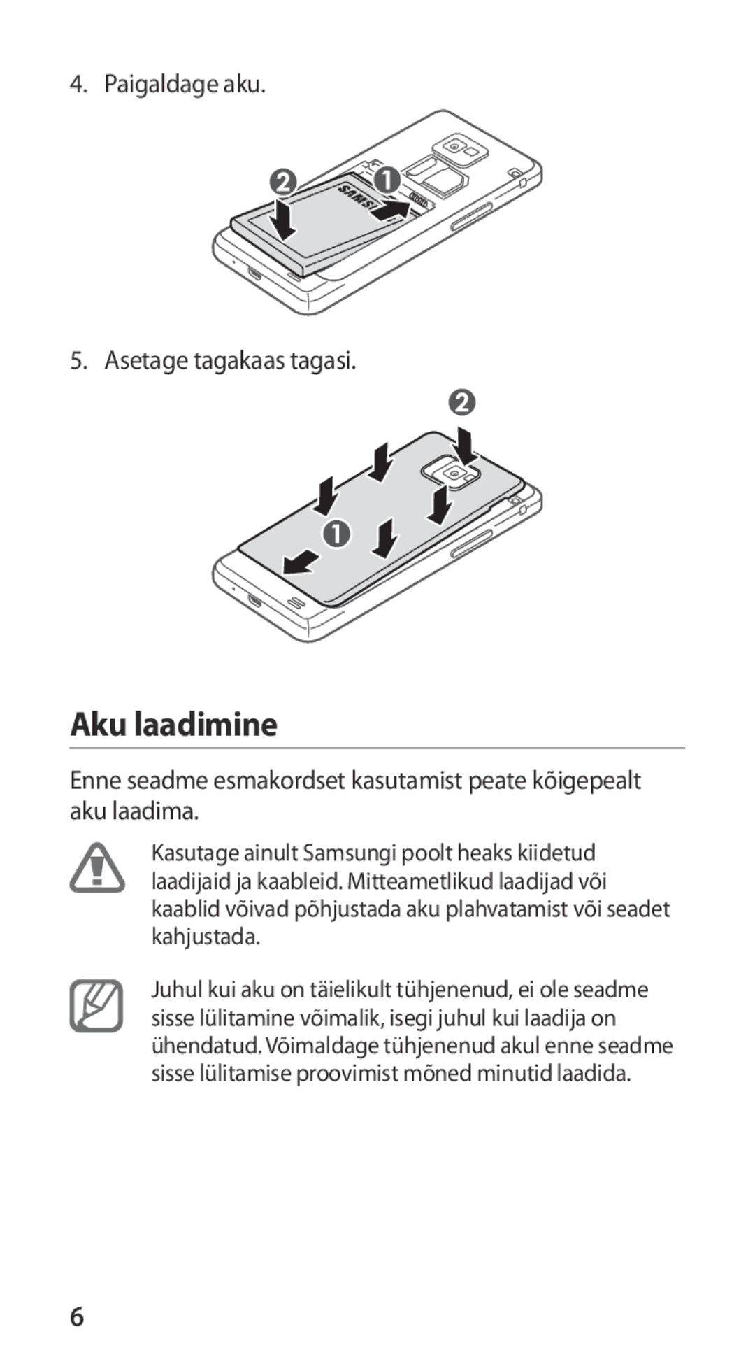 Samsung GT-I9100RWASEB, GT-I9100OIASEB, GT-I9100LKASEB manual Aku laadimine 