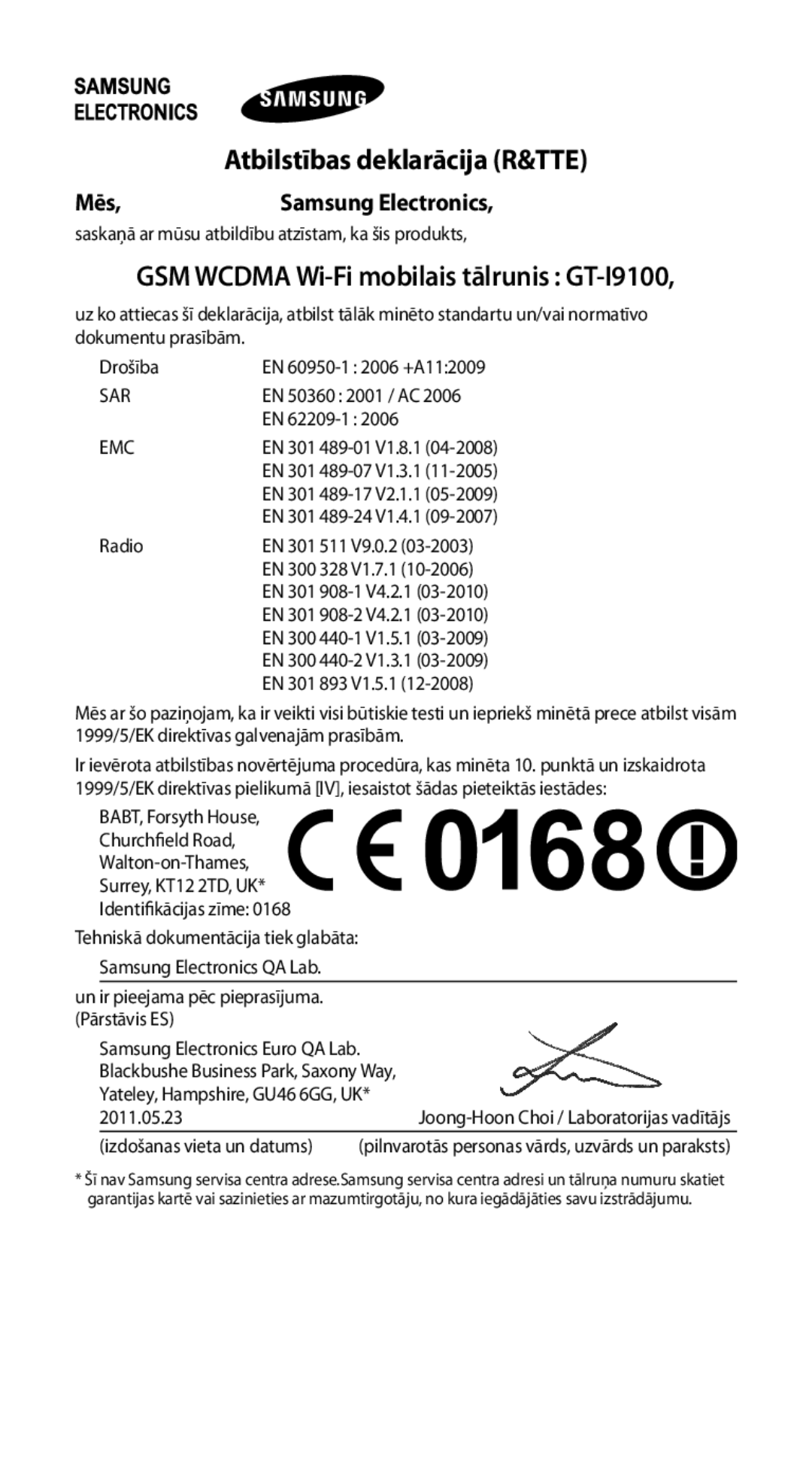 Samsung GT-I9100OIASEB, GT-I9100RWASEB, GT-I9100LKASEB manual Atbilstības deklarācija R&TTE, Mēs Samsung Electronics 