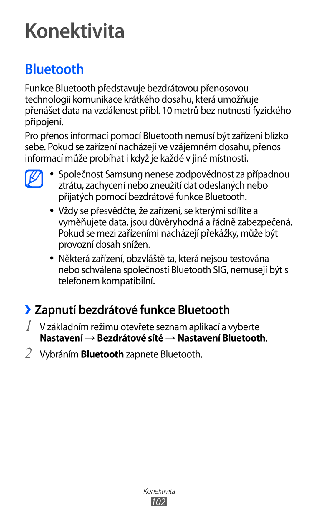 Samsung GT-I9100RWGXEZ, GT-I9100LKGXEZ, GT-I9100LKGXSK manual Konektivita, ››Zapnutí bezdrátové funkce Bluetooth, 102 