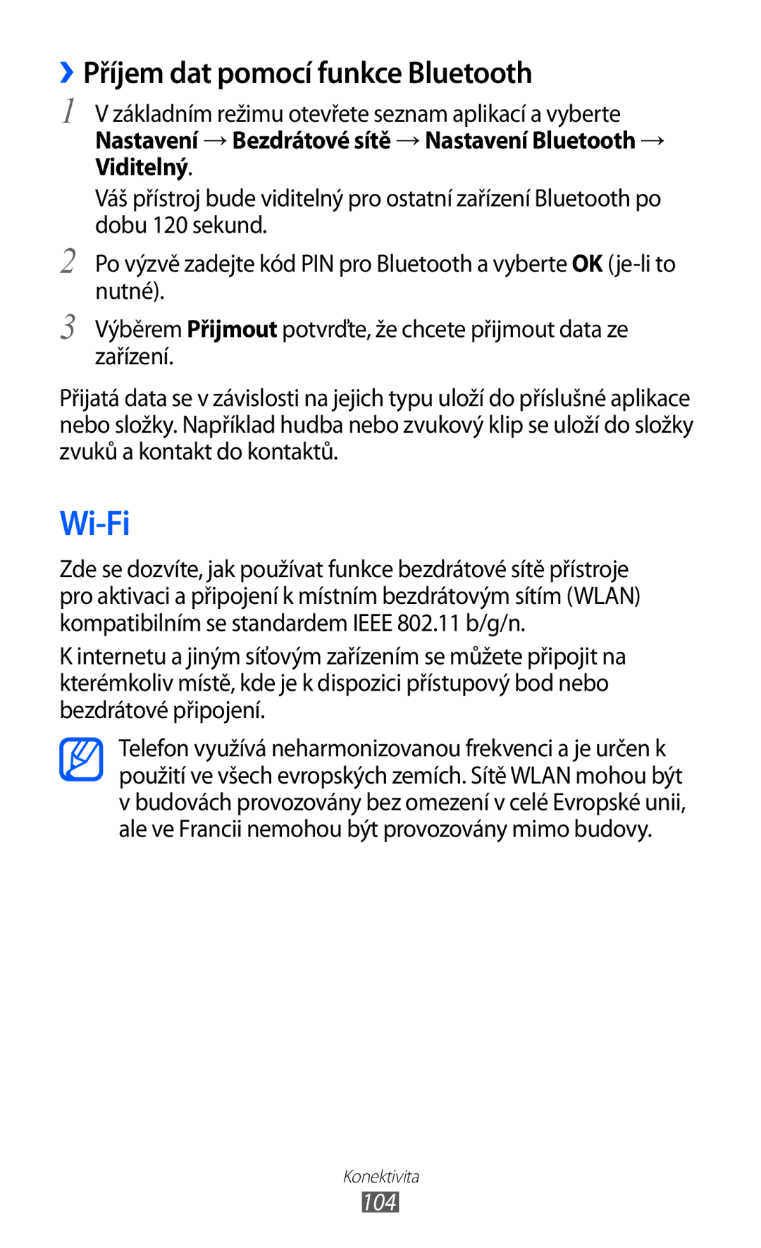 Samsung GT-I9100LKGXSK, GT-I9100RWGXEZ, GT-I9100LKGXEZ manual Wi-Fi, ››Příjem dat pomocí funkce Bluetooth, 104 