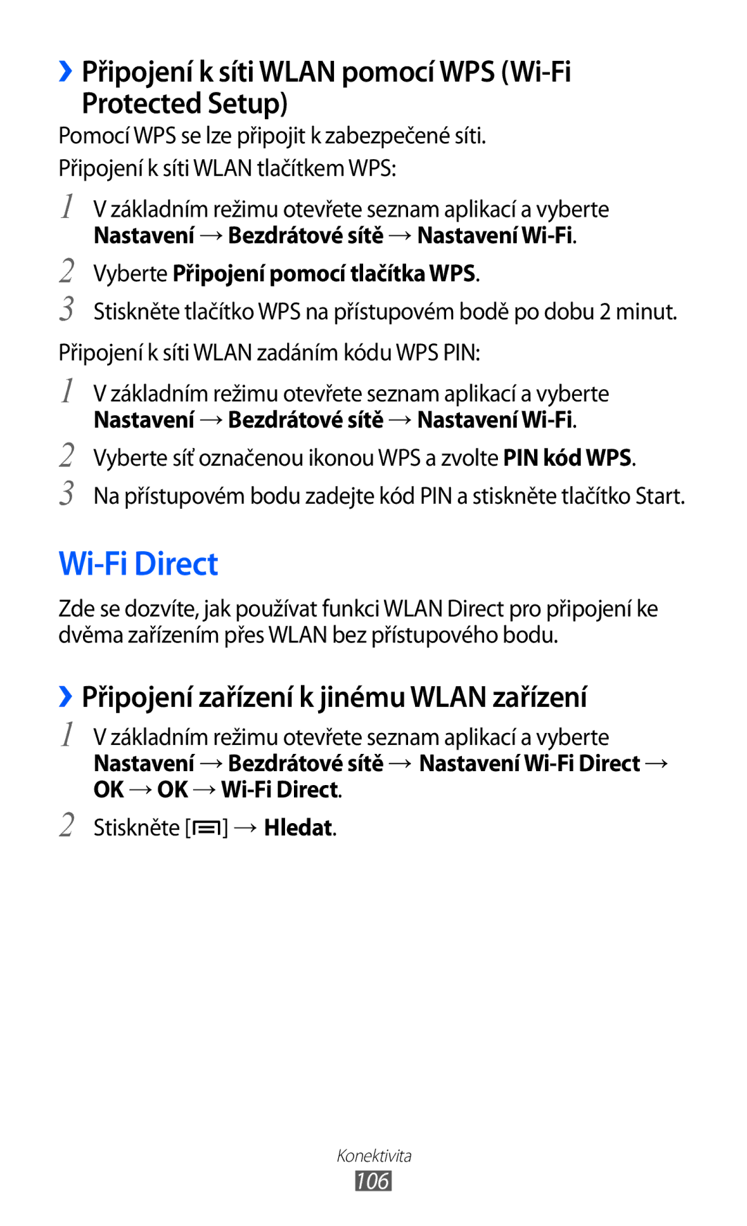 Samsung GT-I9100LKGXEZ, GT-I9100RWGXEZ manual Wi-Fi Direct, ››Připojení k síti Wlan pomocí WPS Wi-Fi Protected Setup, 106 