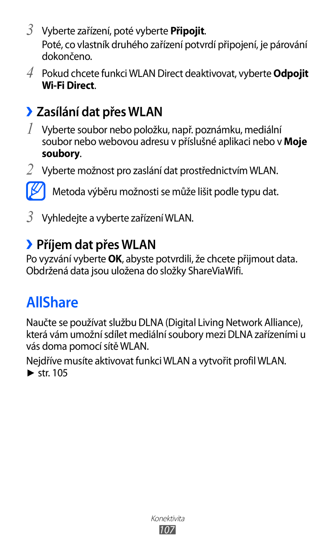 Samsung GT-I9100LKGXSK, GT-I9100RWGXEZ manual AllShare, ››Zasílání dat přes Wlan, ››Příjem dat přes Wlan, Wi-Fi Direct, 107 