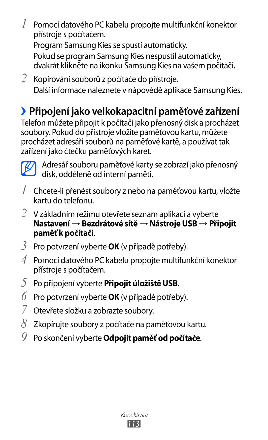 Samsung GT-I9100LKGXSK, GT-I9100RWGXEZ, GT-I9100LKGXEZ manual Kopírování souborů z počítače do přístroje, 113 