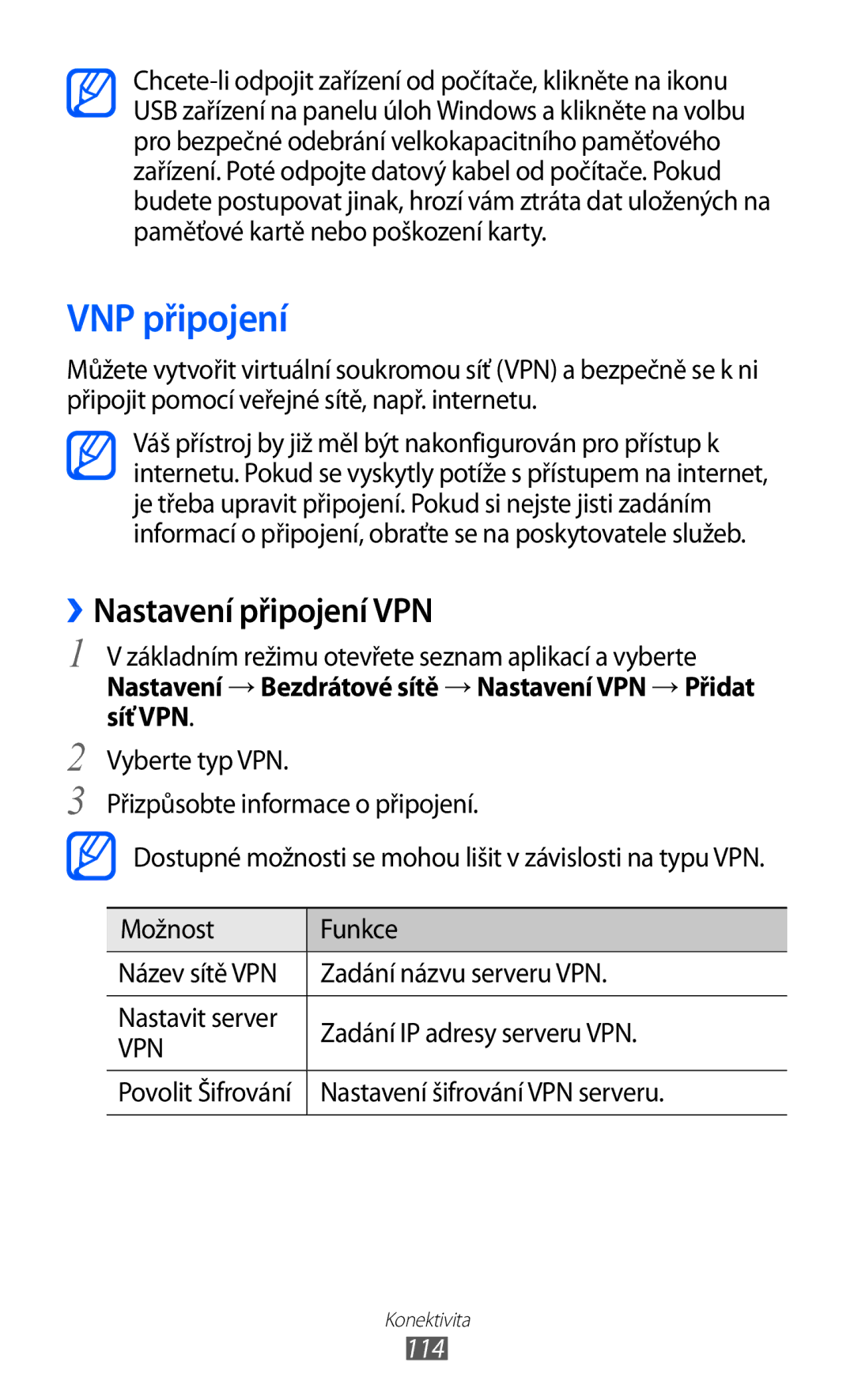 Samsung GT-I9100RWGXEZ, GT-I9100LKGXEZ, GT-I9100LKGXSK manual VNP připojení, ››Nastavení připojení VPN, 114 