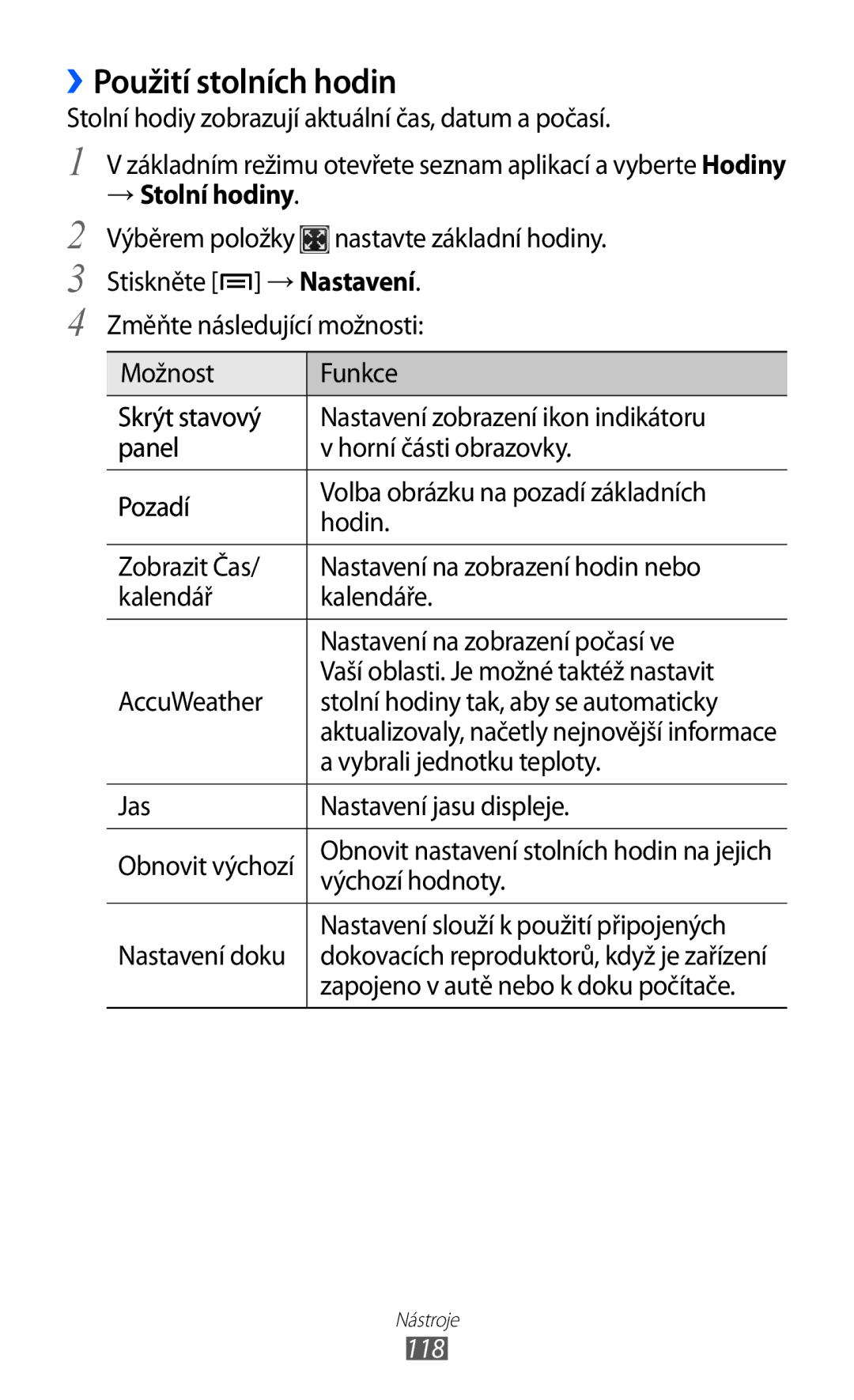 Samsung GT-I9100LKGXEZ, GT-I9100RWGXEZ, GT-I9100LKGXSK manual ››Použití stolních hodin, → Stolní hodiny, 118 