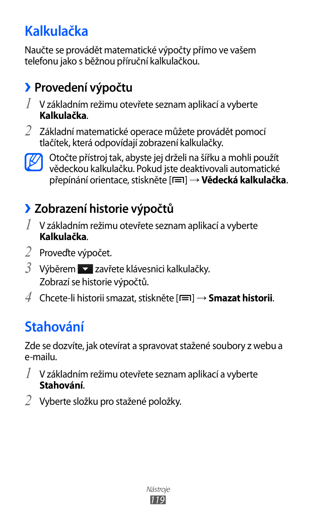 Samsung GT-I9100LKGXSK, GT-I9100RWGXEZ manual Kalkulačka, Stahování, ››Provedení výpočtu, ››Zobrazení historie výpočtů, 119 