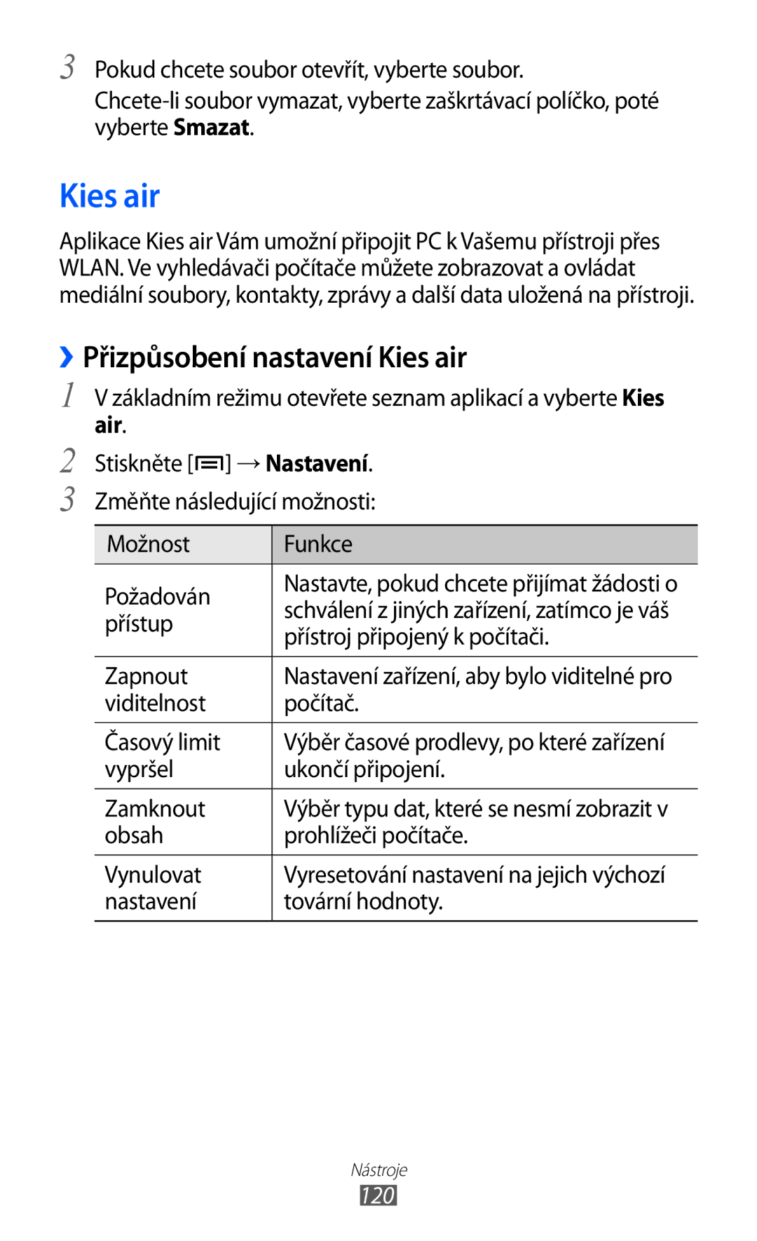 Samsung GT-I9100RWGXEZ, GT-I9100LKGXEZ, GT-I9100LKGXSK manual ››Přizpůsobení nastavení Kies air, Air, 120 