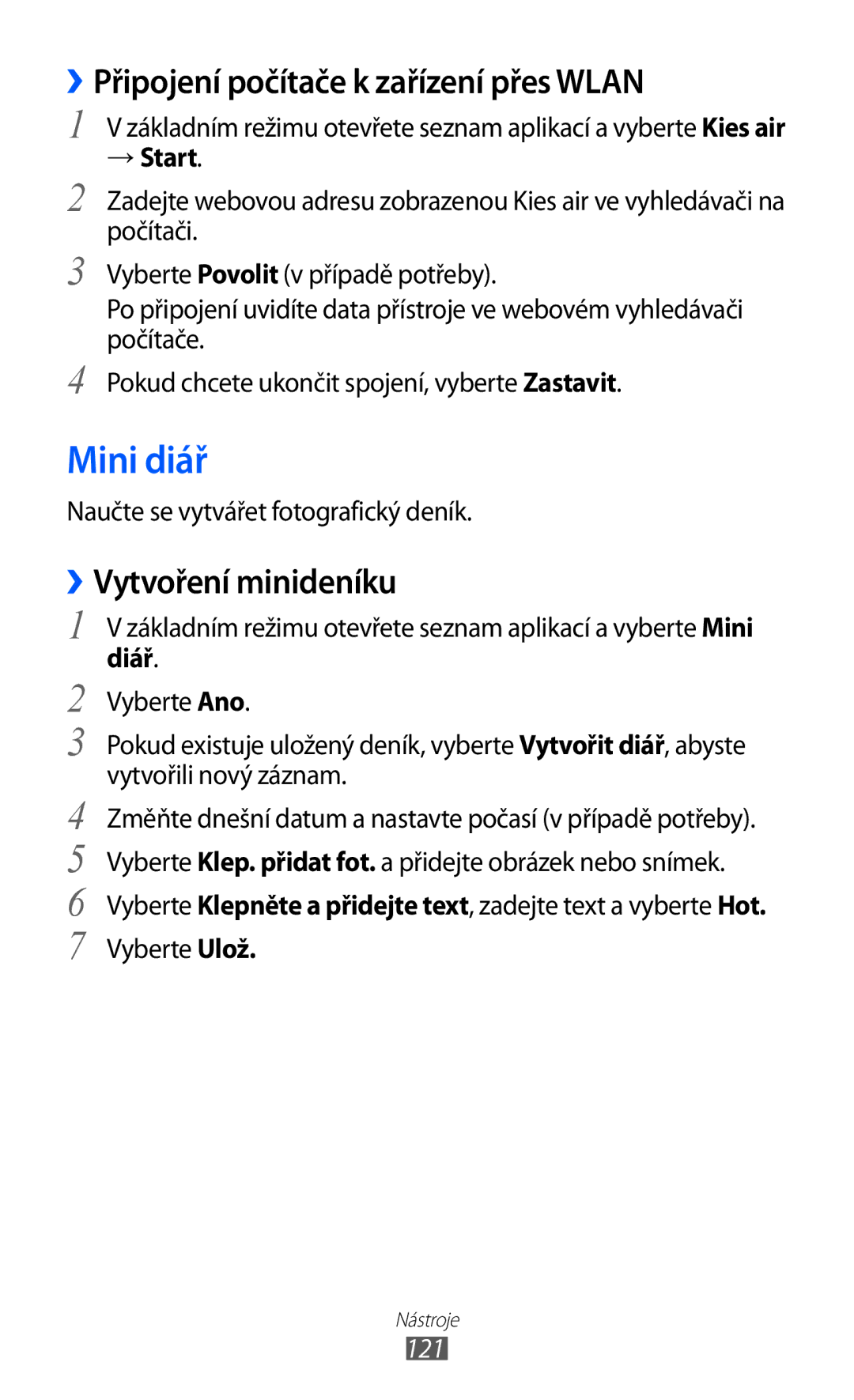 Samsung GT-I9100LKGXEZ manual Mini diář, ››Připojení počítače k zařízení přes Wlan, ››Vytvoření minideníku, Diář, 121 