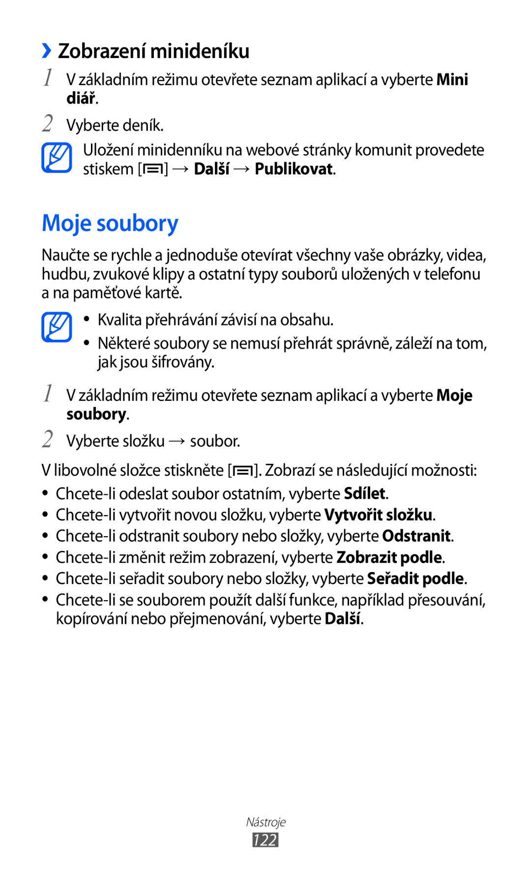 Samsung GT-I9100LKGXSK, GT-I9100RWGXEZ, GT-I9100LKGXEZ manual Moje soubory, ››Zobrazení minideníku, 122 
