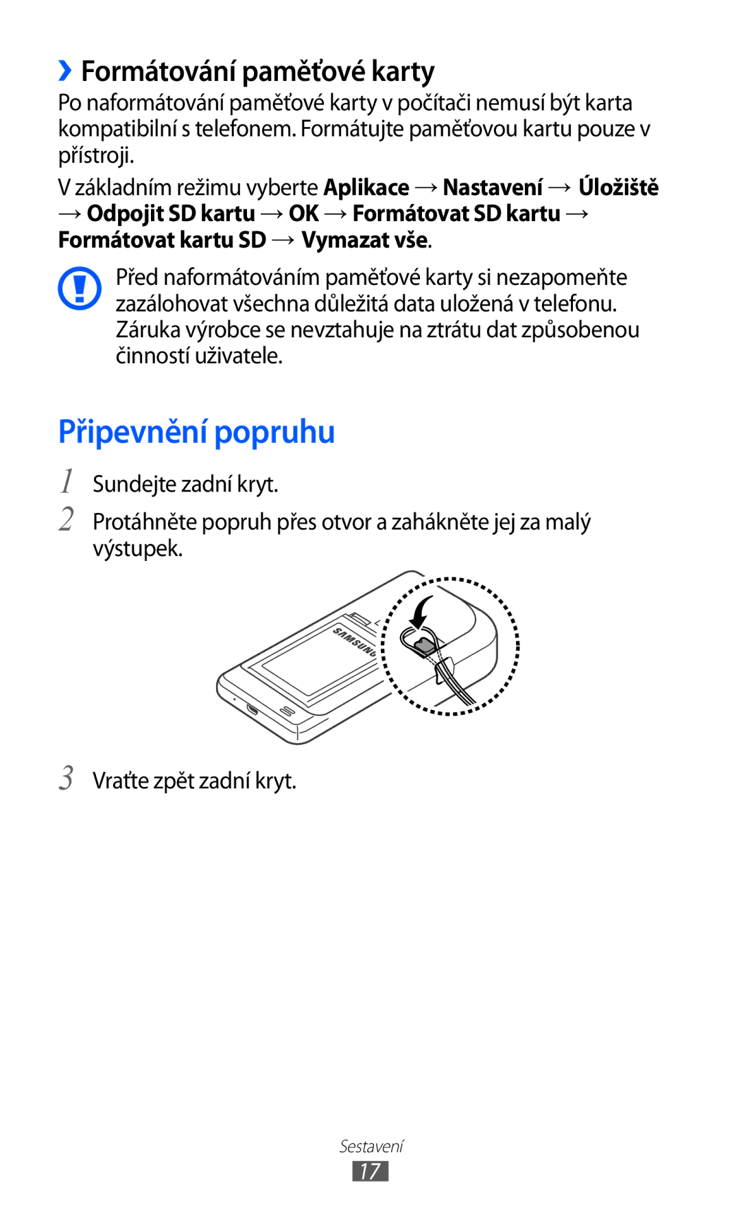 Samsung GT-I9100LKGXSK, GT-I9100RWGXEZ, GT-I9100LKGXEZ manual Připevnění popruhu, ››Formátování paměťové karty 
