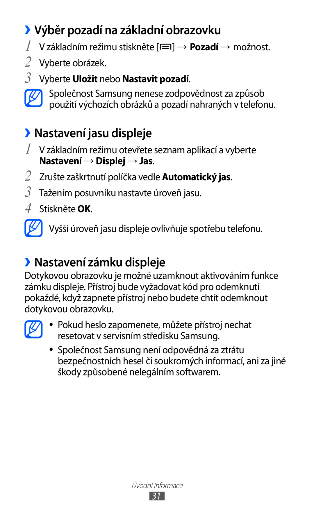 Samsung GT-I9100LKGXEZ manual ››Výběr pozadí na základní obrazovku, ››Nastavení jasu displeje, ››Nastavení zámku displeje 