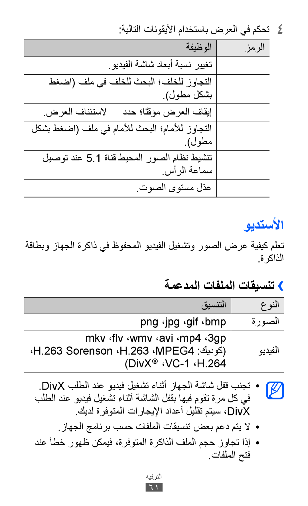 Samsung GT-I9103MAASKZ manual ويدتسلأا, ةمعدملا تافلملا تاقيسنت››, ةيلاتلا تانوقيلأا مادختساب ضرعلا يف مكحت4 ةفيظولا زمرلا 