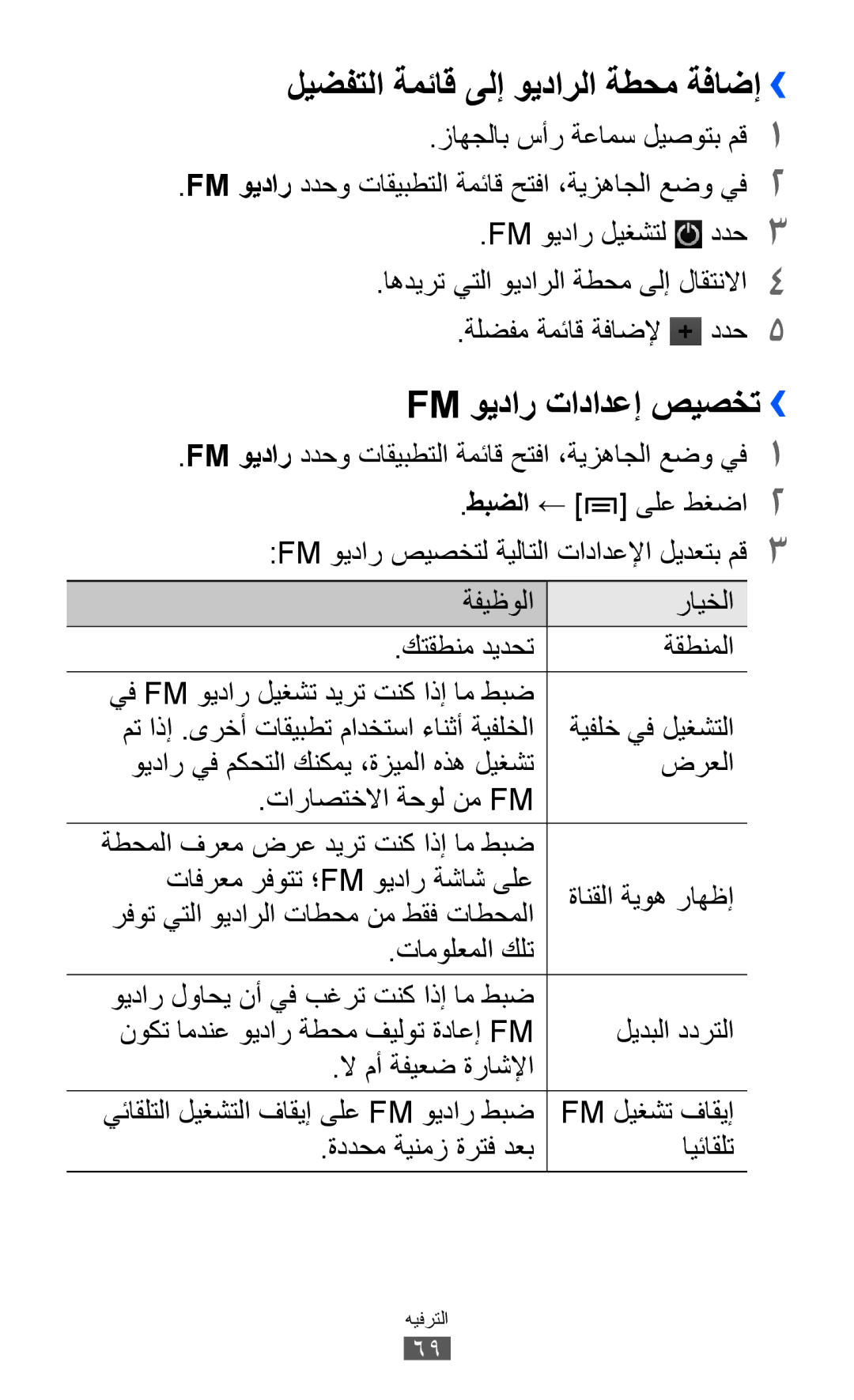 Samsung GT-I9103MAAKSA, GT-I9103MAAAFG, GT-I9103MAASKZ ليضفتلا ةمئاق ىلإ ويدارلا ةطحم ةفاضإ››, Fm ويدار تادادعإ صيصخت›› 