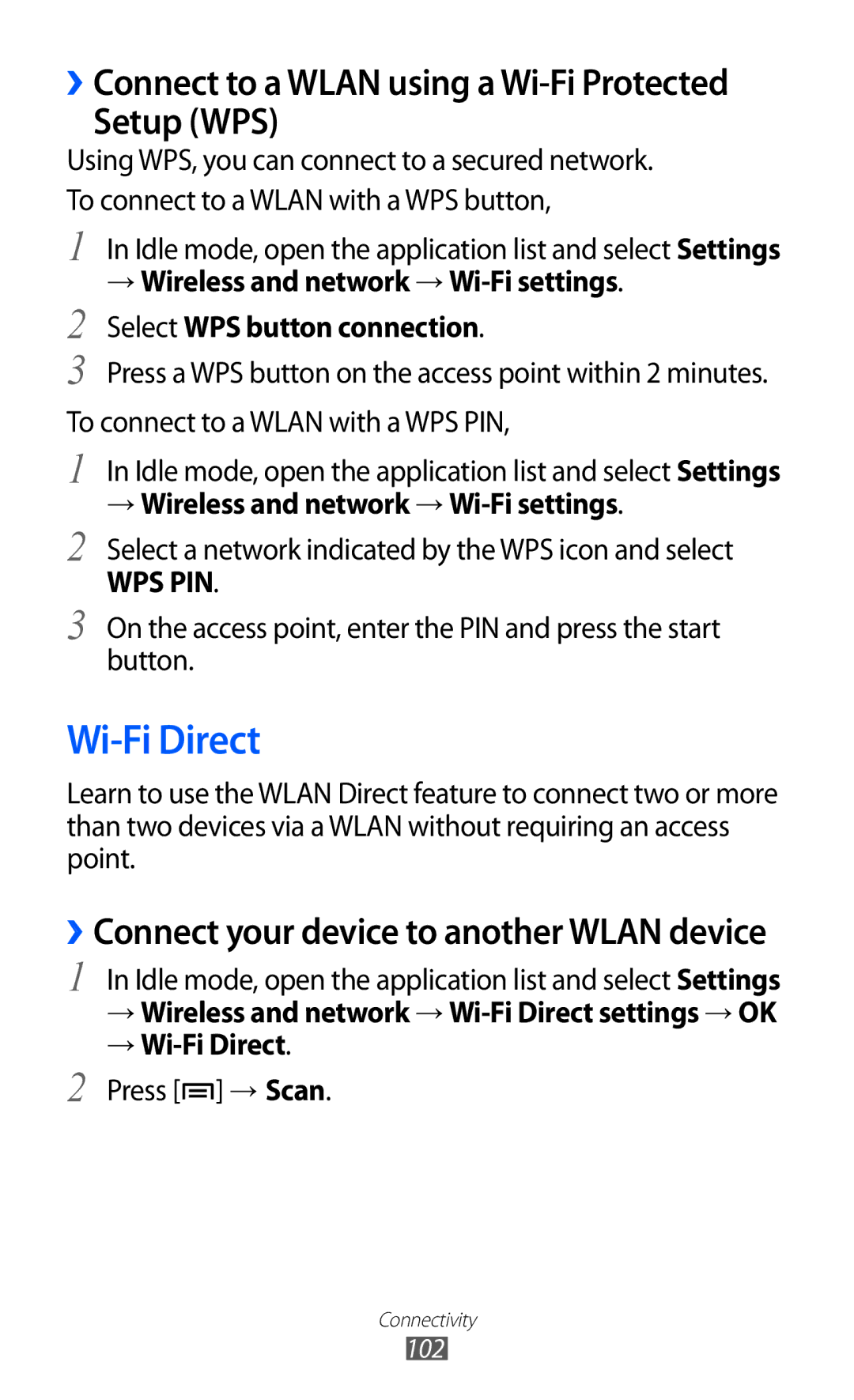 Samsung GT-I9103MAAJED Setup WPS, Select a network indicated by the WPS icon and select, → Wi-Fi Direct, Press → Scan 