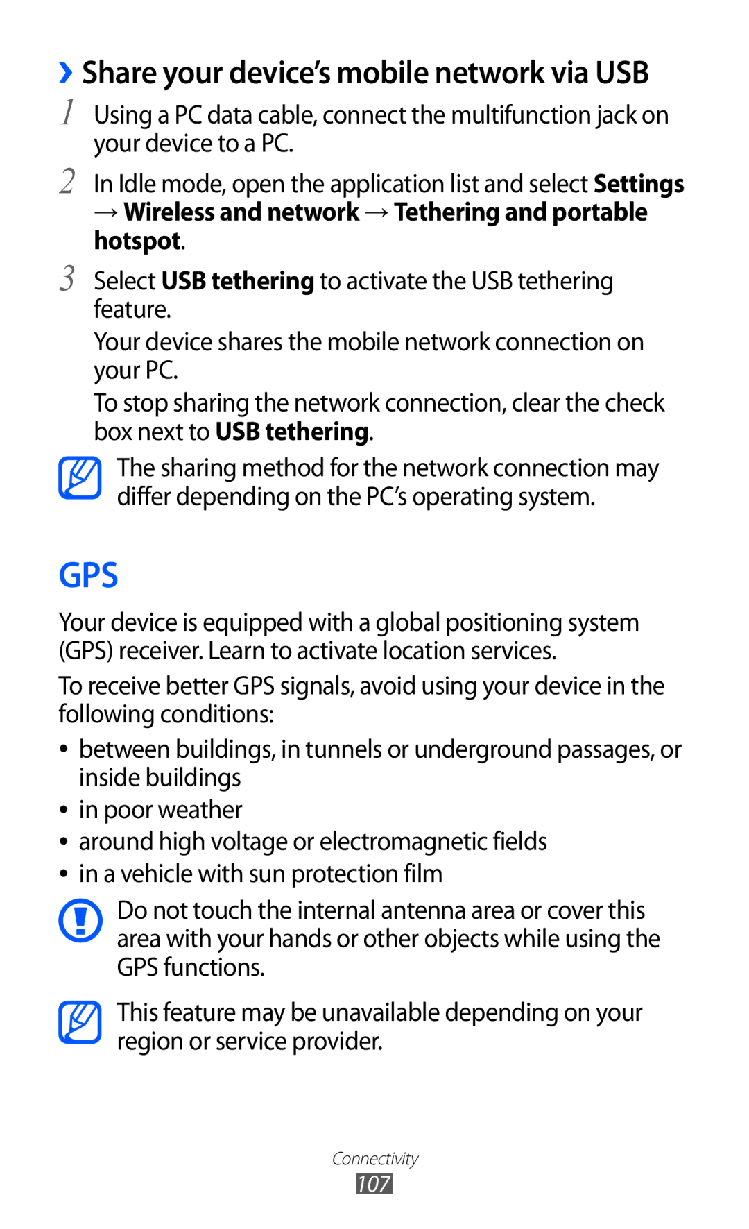 Samsung GT-I9103MAUSKZ, GT-I9103MAAAFG, GT-I9103MAASKZ, GT-I9103MAAXSG manual ››Share your device’s mobile network via USB 