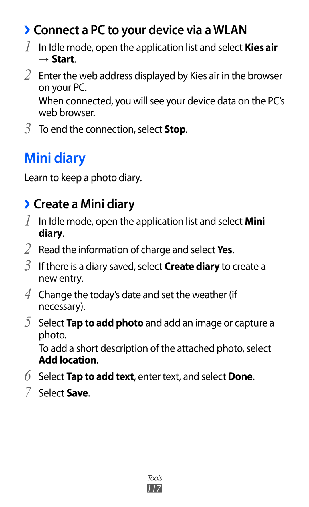 Samsung GT-I9103MAUSKZ, GT-I9103MAAAFG manual ››Connect a PC to your device via a Wlan, ››Create a Mini diary, → Start 