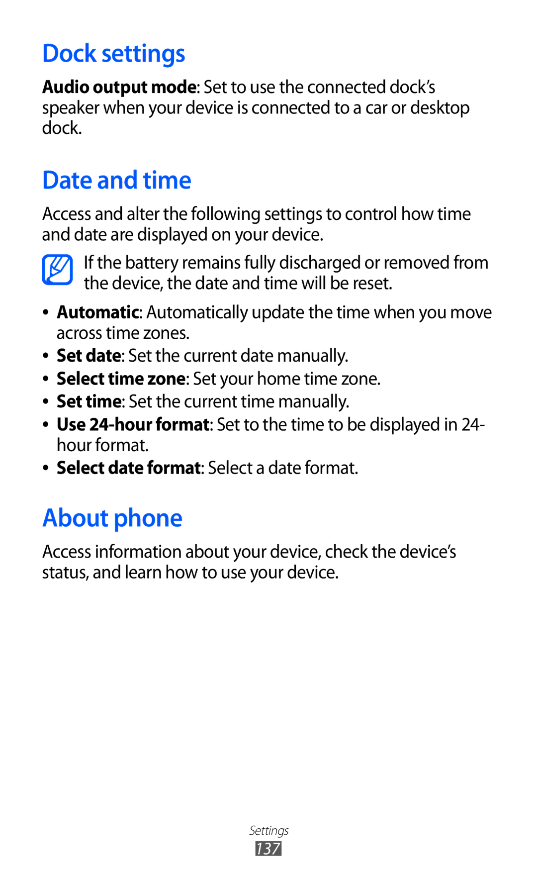 Samsung GT-I9103MAUSKZ, GT-I9103MAAAFG, GT-I9103MAASKZ, GT-I9103MAAXSG manual Dock settings, Date and time, About phone 