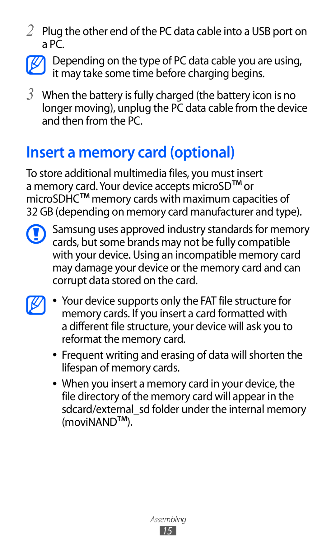 Samsung GT-I9103MAAMID, GT-I9103MAAAFG Insert a memory card optional, GB depending on memory card manufacturer and type 