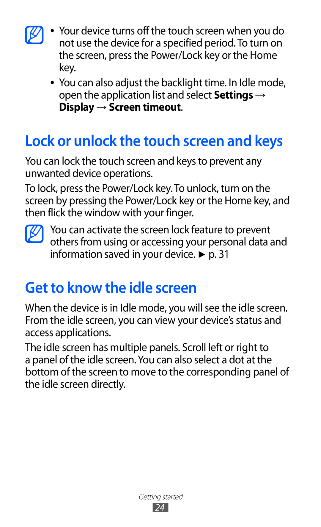 Samsung GT-I9103MAAAFR, GT-I9103MAAAFG manual Get to know the idle screen, Lock or unlock the touch screen and keys 