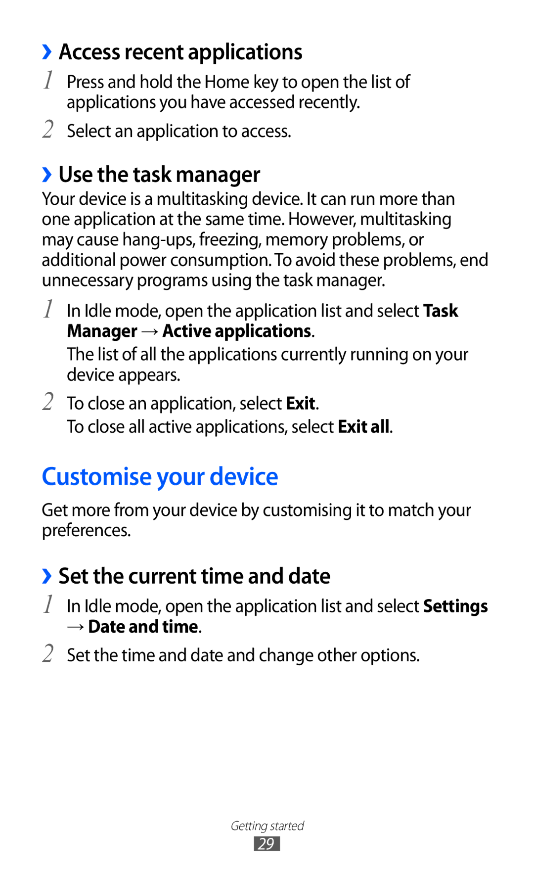 Samsung GT-I9103MAAAFG manual Customise your device, ››Access recent applications, ››Use the task manager, → Date and time 