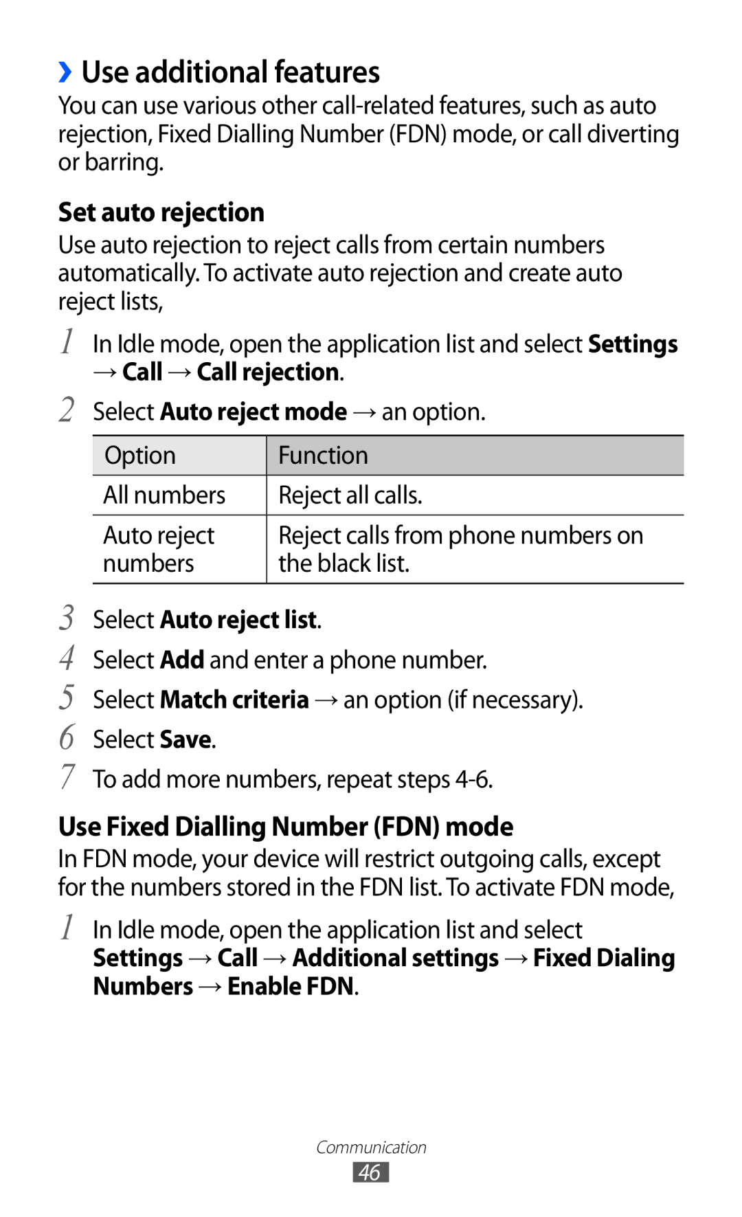 Samsung GT-I9103MAATHR, GT-I9103MAAAFG manual ››Use additional features, → Call → Call rejection, Select Auto reject list 