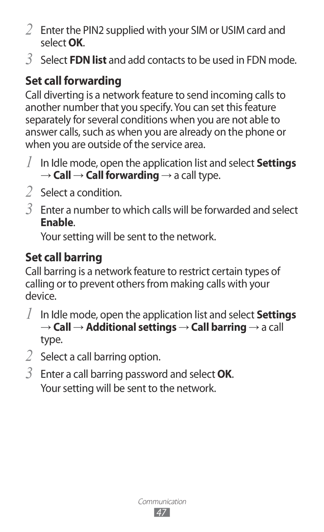 Samsung GT-I9103MAUSKZ manual → Call → Call forwarding → a call type. Select a condition, Select a call barring option 