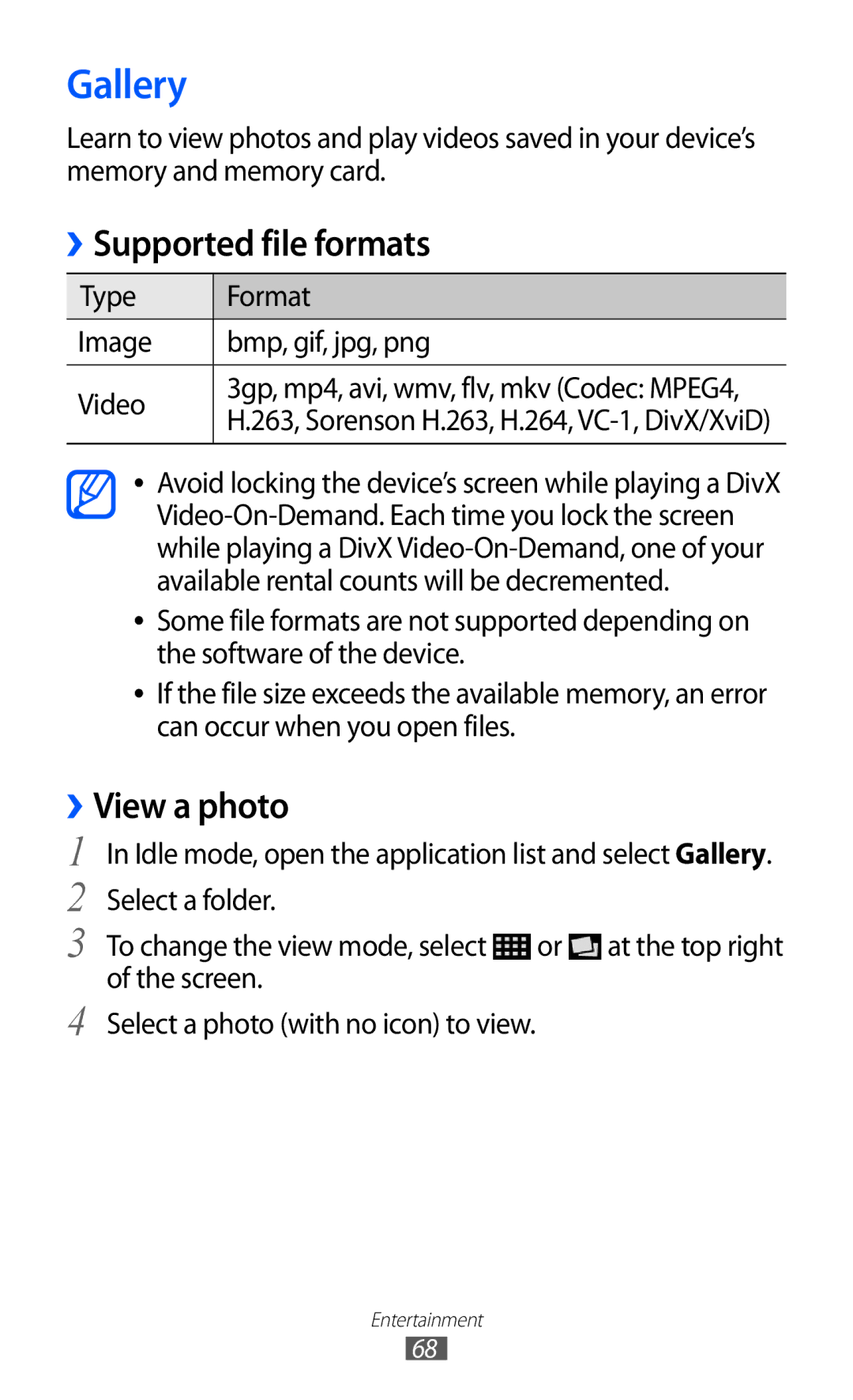 Samsung GT-I9103MAAKSA manual Gallery, Supported file formats, ››View a photo, Type Format Image Bmp, gif, jpg, png Video 