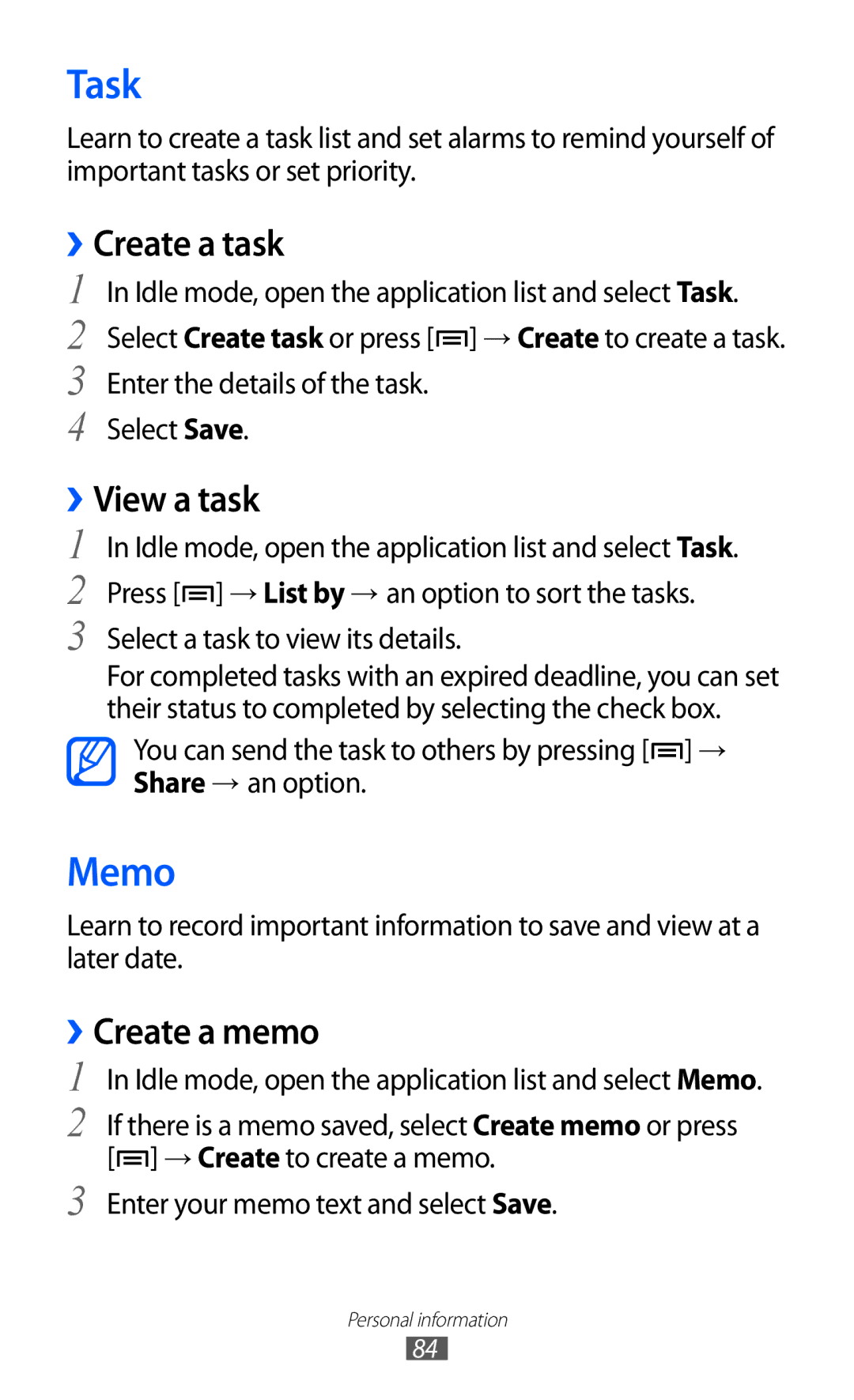 Samsung GT-I9103MAAAFR, GT-I9103MAAAFG, GT-I9103MAASKZ manual Task, Memo, ››Create a task, ››View a task, ››Create a memo 