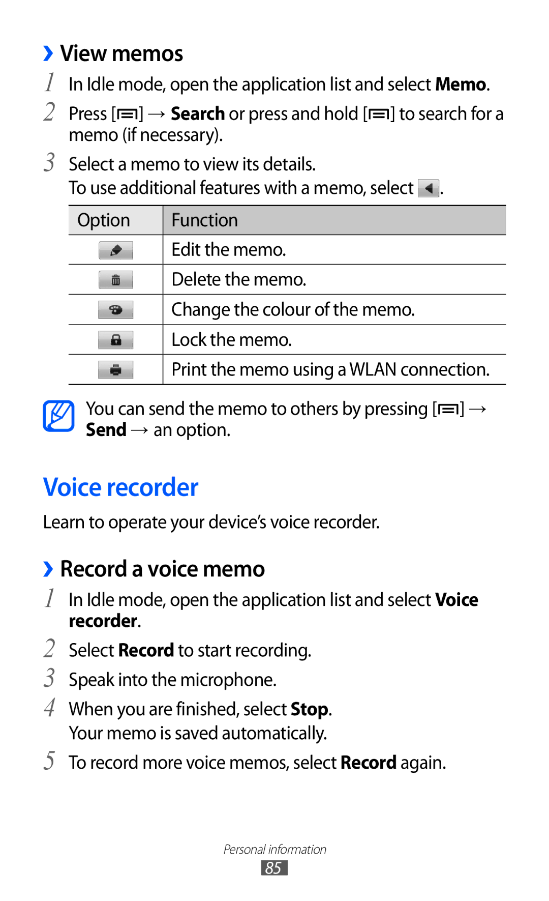 Samsung GT-I9103MAAMID, GT-I9103MAAAFG, GT-I9103MAASKZ manual Voice recorder, ››View memos, ››Record a voice memo, Recorder 