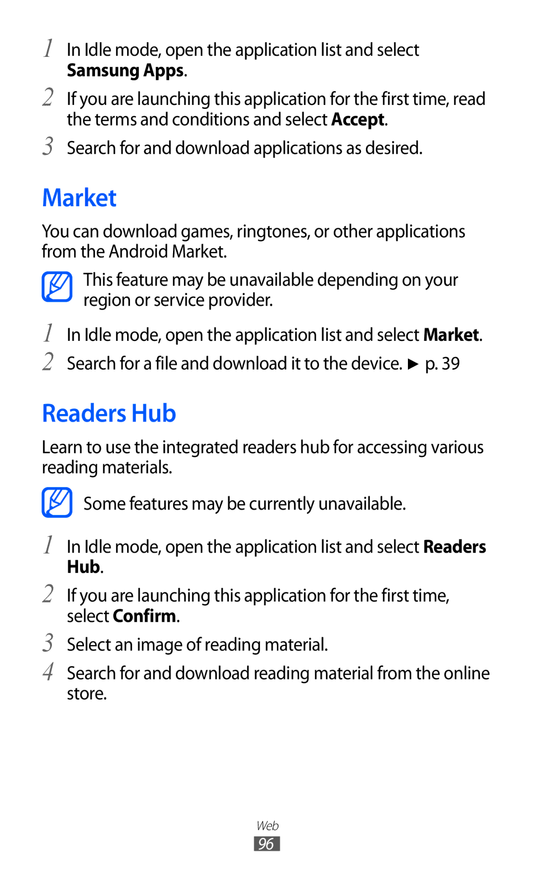 Samsung GT-I9103MAATHR, GT-I9103MAAAFG, GT-I9103MAASKZ, GT-I9103MAAXSG, GT-I9103MAAJED manual Market, Readers Hub, Samsung Apps 