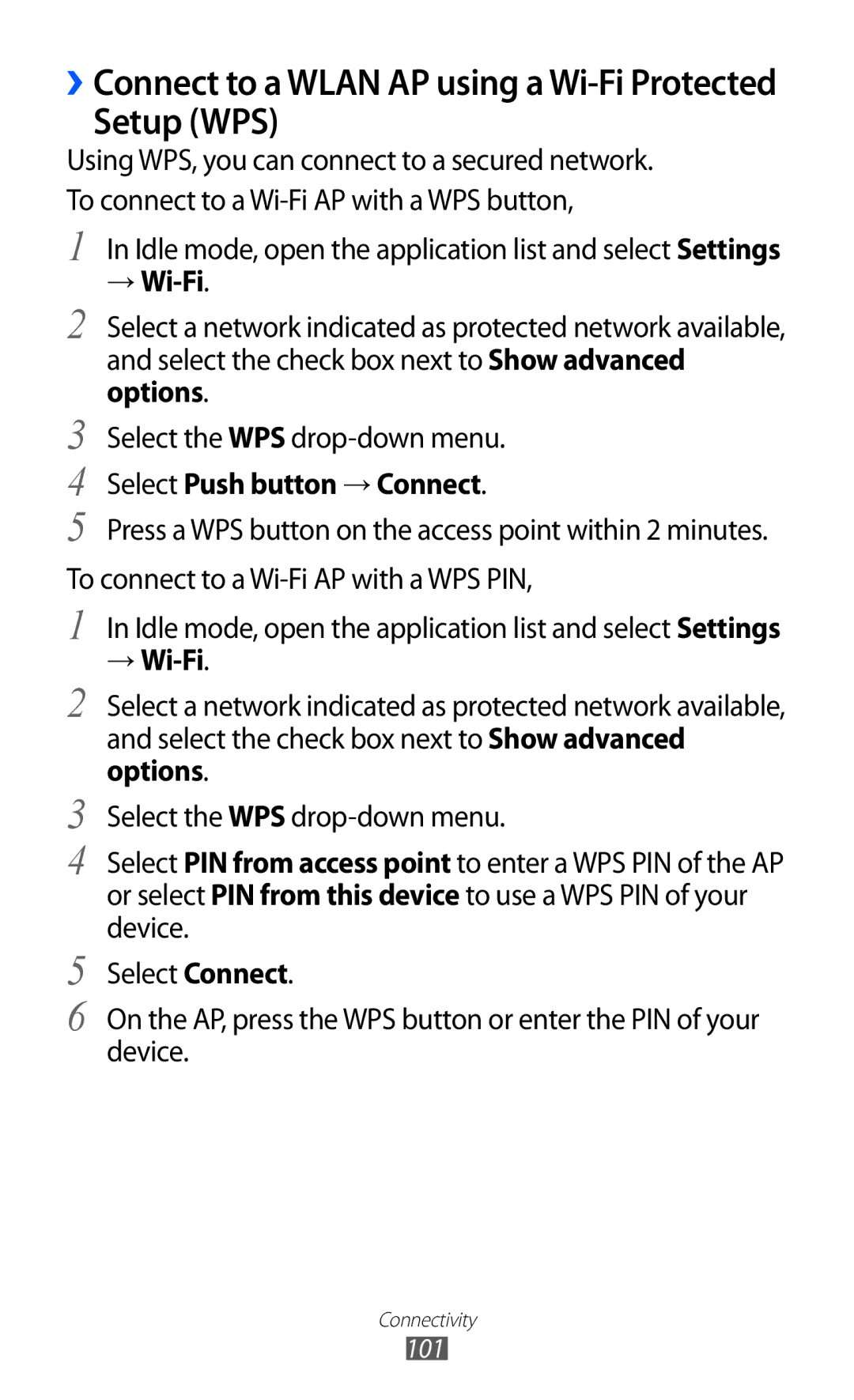 Samsung GT-I9103MAADBT, GT-I9103MAAATO, GT-I9103MAATUR, GT-I9103MAAYOG manual Setup WPS, Select Push button → Connect 