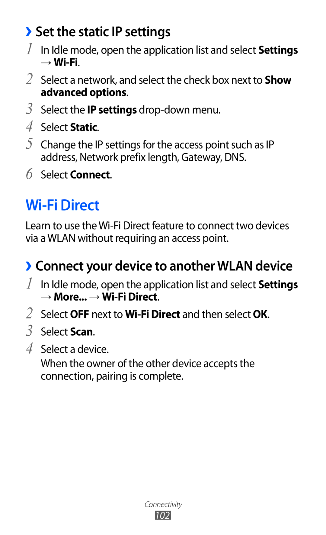 Samsung GT-I9103MAAYOG, GT-I9103MAAATO manual ››Set the static IP settings, Advanced options, → More... → Wi-Fi Direct 