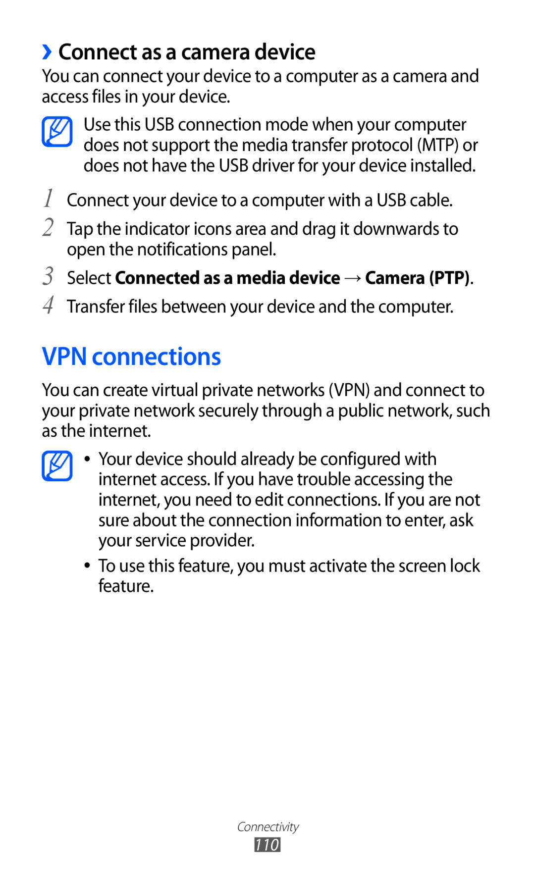 Samsung GT-I9103MAADBT VPN connections, ››Connect as a camera device, Select Connected as a media device → Camera PTP 