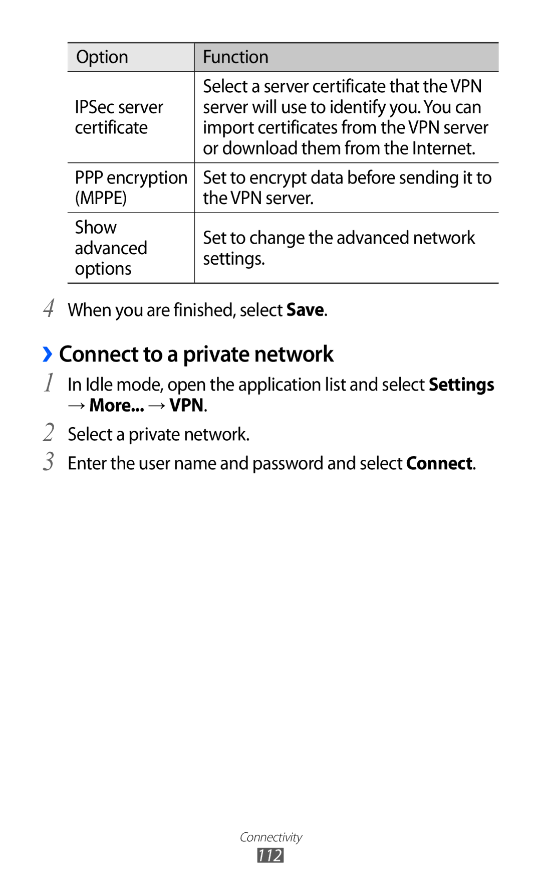 Samsung GT-I9103MAAFOP ››Connect to a private network, Option Function IPSec server, Or download them from the Internet 