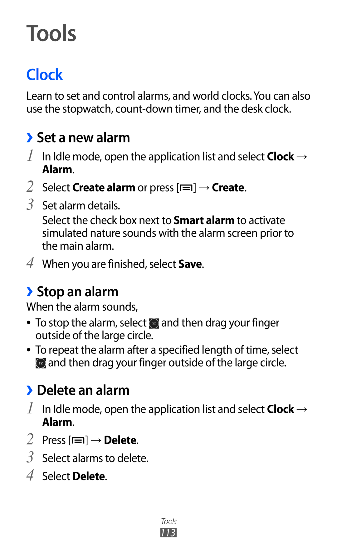 Samsung GT-I9103MAABGL, GT-I9103MAAATO, GT-I9103MAATUR Tools, Clock, ››Set a new alarm, ››Stop an alarm, ››Delete an alarm 