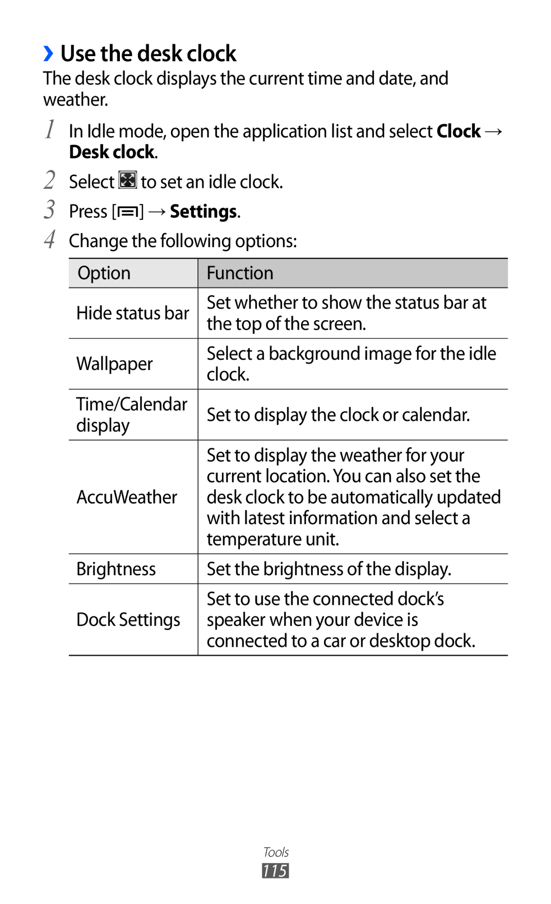 Samsung GT-I9103LKASER, GT-I9103MAAATO, GT-I9103MAATUR, GT-I9103MAADBT, GT-I9103MAAYOG manual ››Use the desk clock, Desk clock 