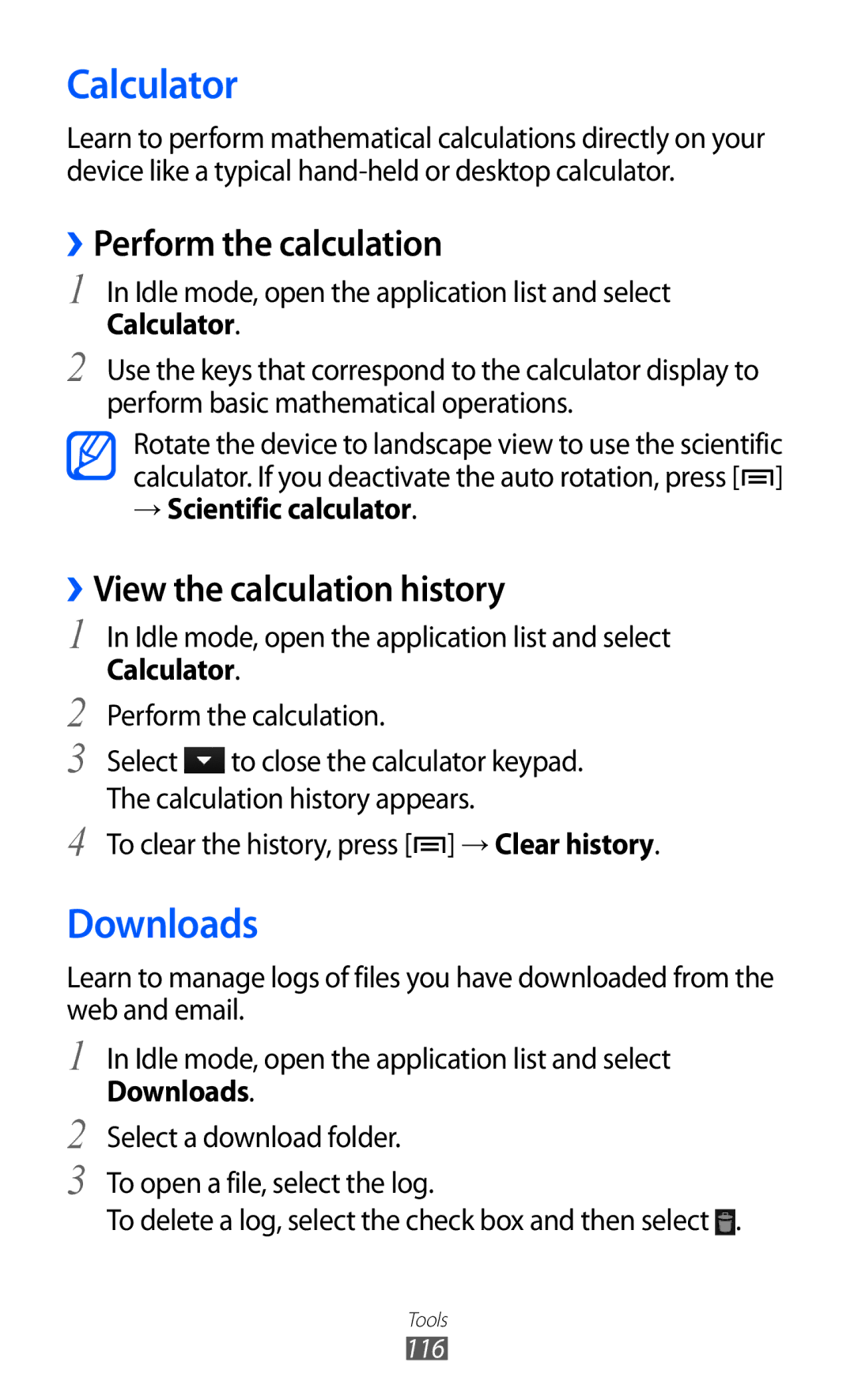 Samsung GT-I9103MAASER, GT-I9103MAAATO Calculator, Downloads, ››Perform the calculation, ››View the calculation history 