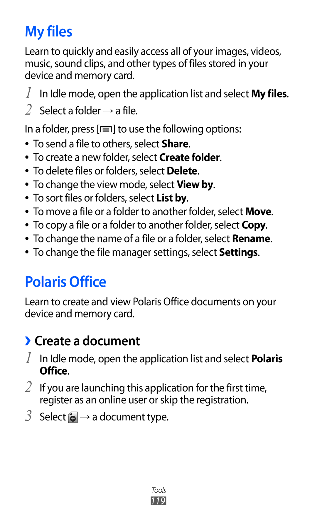 Samsung GT-I9103MAADBT, GT-I9103MAAATO manual My files, Polaris Office, ››Create a document, Select → a document type 