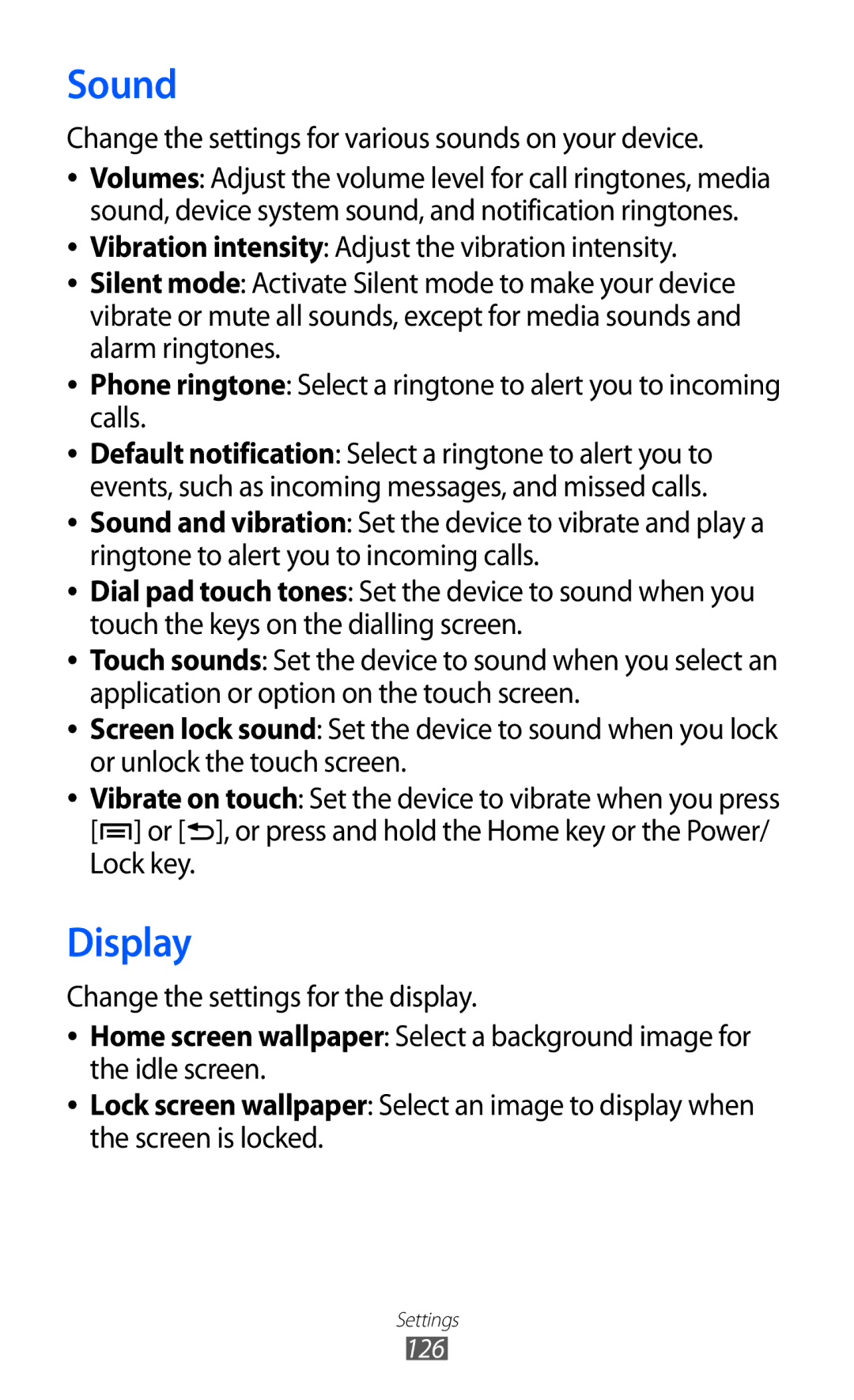 Samsung GT-I9103MAAATO, GT-I9103MAATUR manual Sound, Display, Change the settings for various sounds on your device 