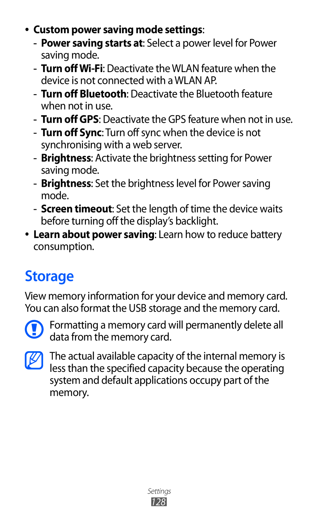 Samsung GT-I9103MAADBT, GT-I9103MAAATO, GT-I9103MAATUR, GT-I9103MAAYOG manual Storage, Custom power saving mode settings 