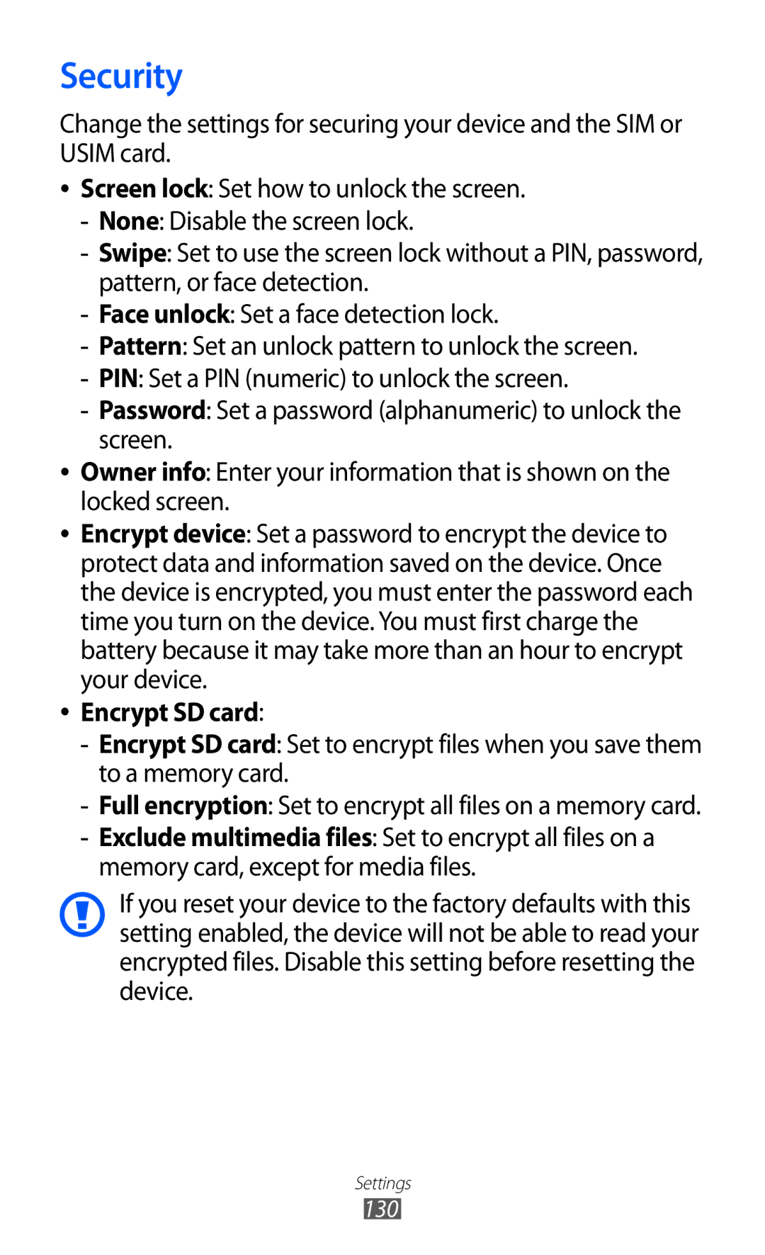 Samsung GT-I9103MAAFOP, GT-I9103MAAATO, GT-I9103MAATUR, GT-I9103MAADBT, GT-I9103MAAYOG manual Security, Encrypt SD card 