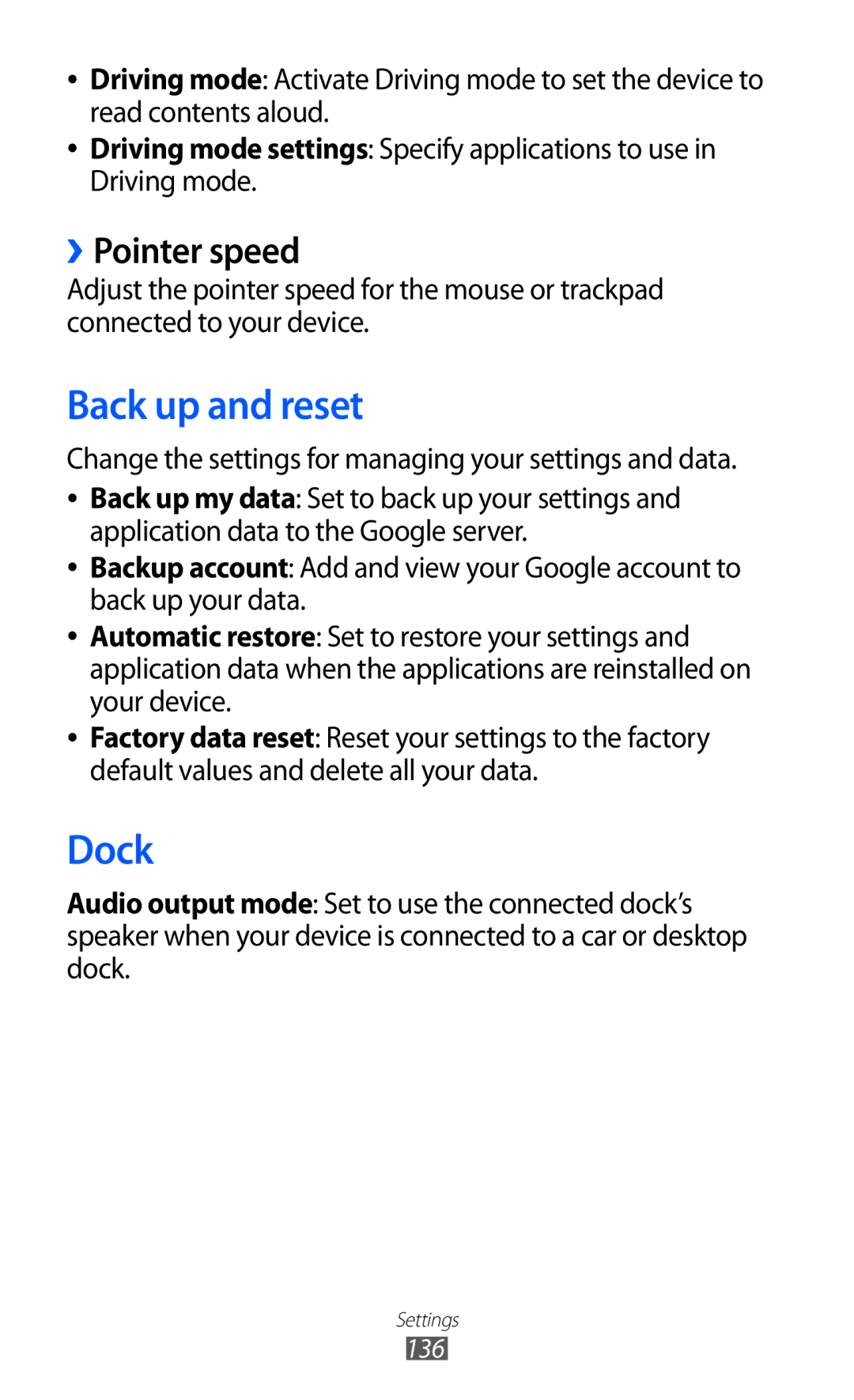 Samsung GT-I9103MAATUR Back up and reset, Dock, ››Pointer speed, Change the settings for managing your settings and data 