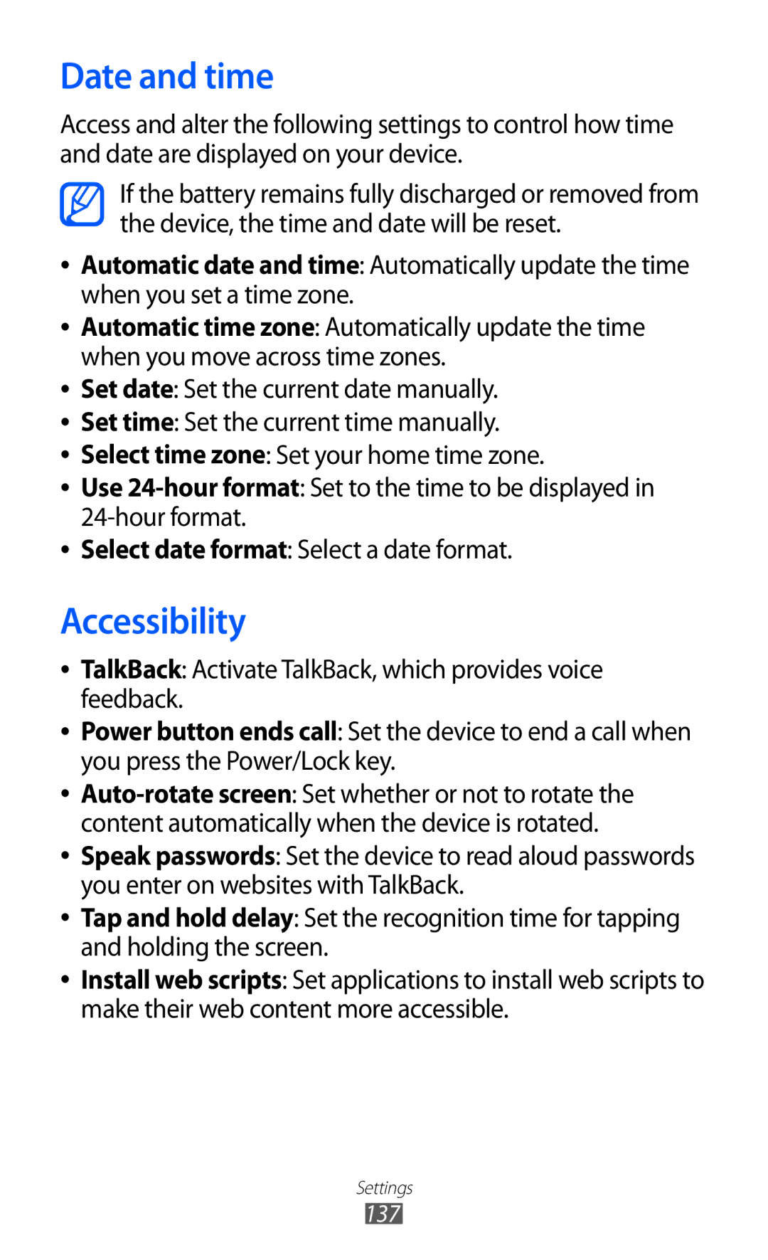 Samsung GT-I9103MAADBT, GT-I9103MAAATO, GT-I9103MAATUR, GT-I9103MAAYOG, GT-I9103MAAFOP manual Date and time, Accessibility 