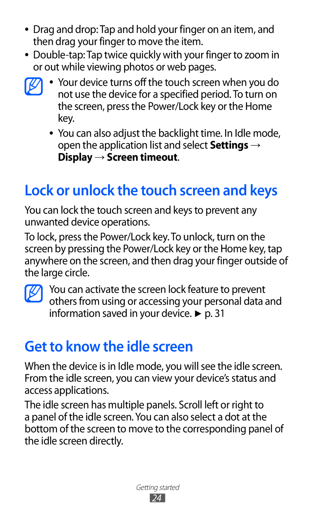 Samsung GT-I9103MAASEB, GT-I9103MAAATO manual Get to know the idle screen, Lock or unlock the touch screen and keys 